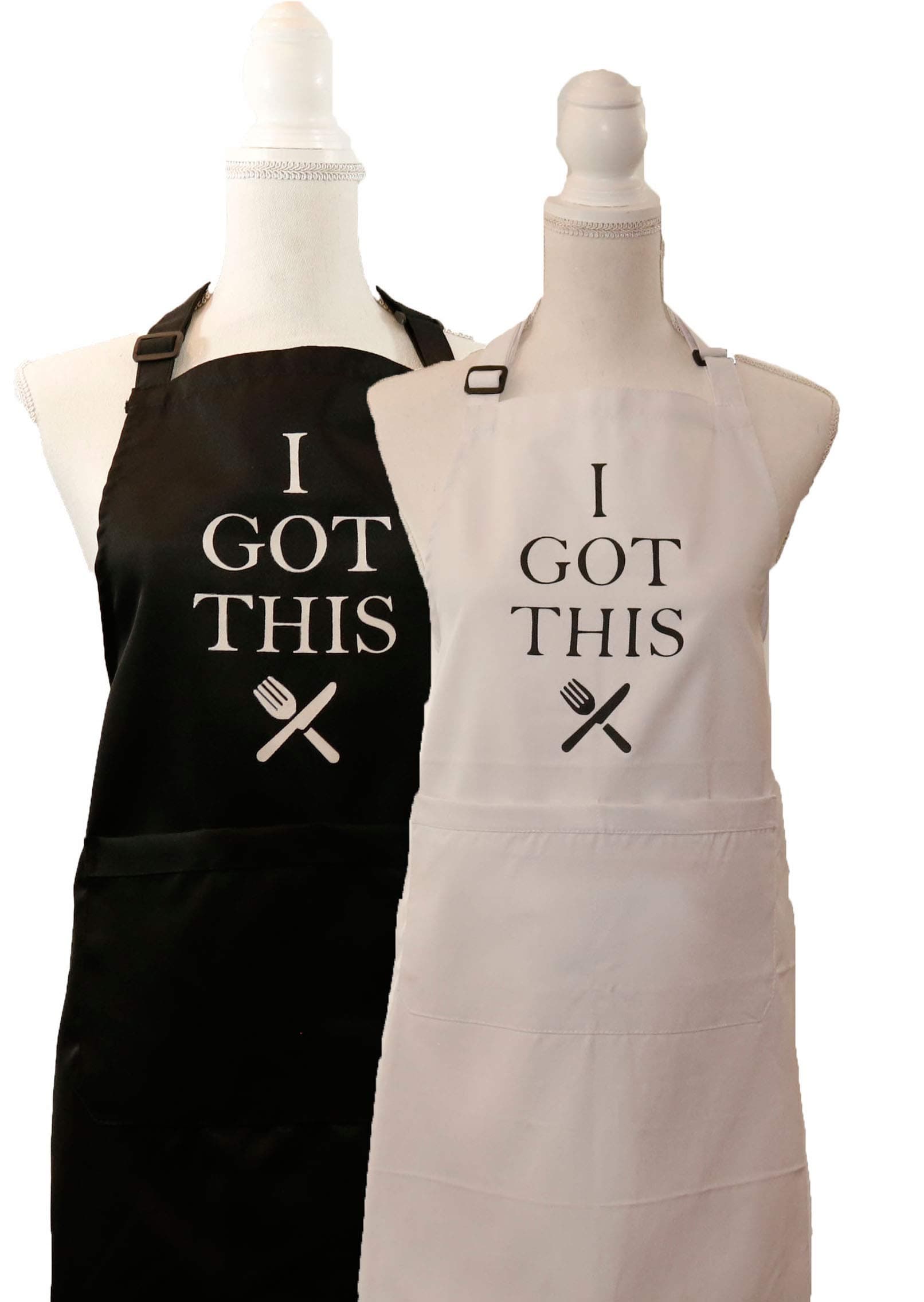 MeAnWe Wares Adjustable Kitchen Apron with Pockets, I Got This, Engagement or Bridal Shower, Weddings, Cooking, Black and White Bundle, 2 Pcs