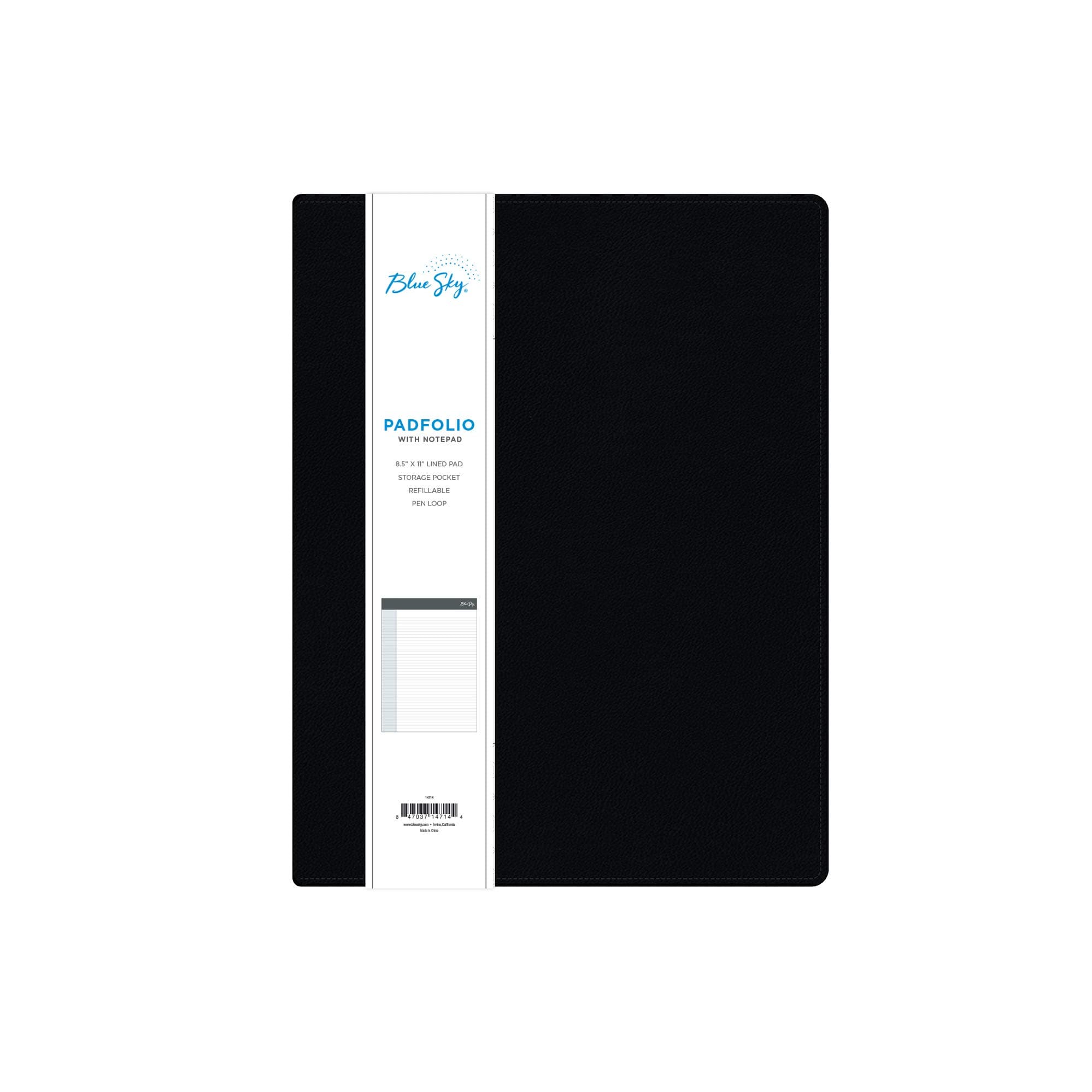 Blue Sky Professional Padfolio, 9.5" x 12", Black Leather-Like Textured Cover, Paper Notepad Included