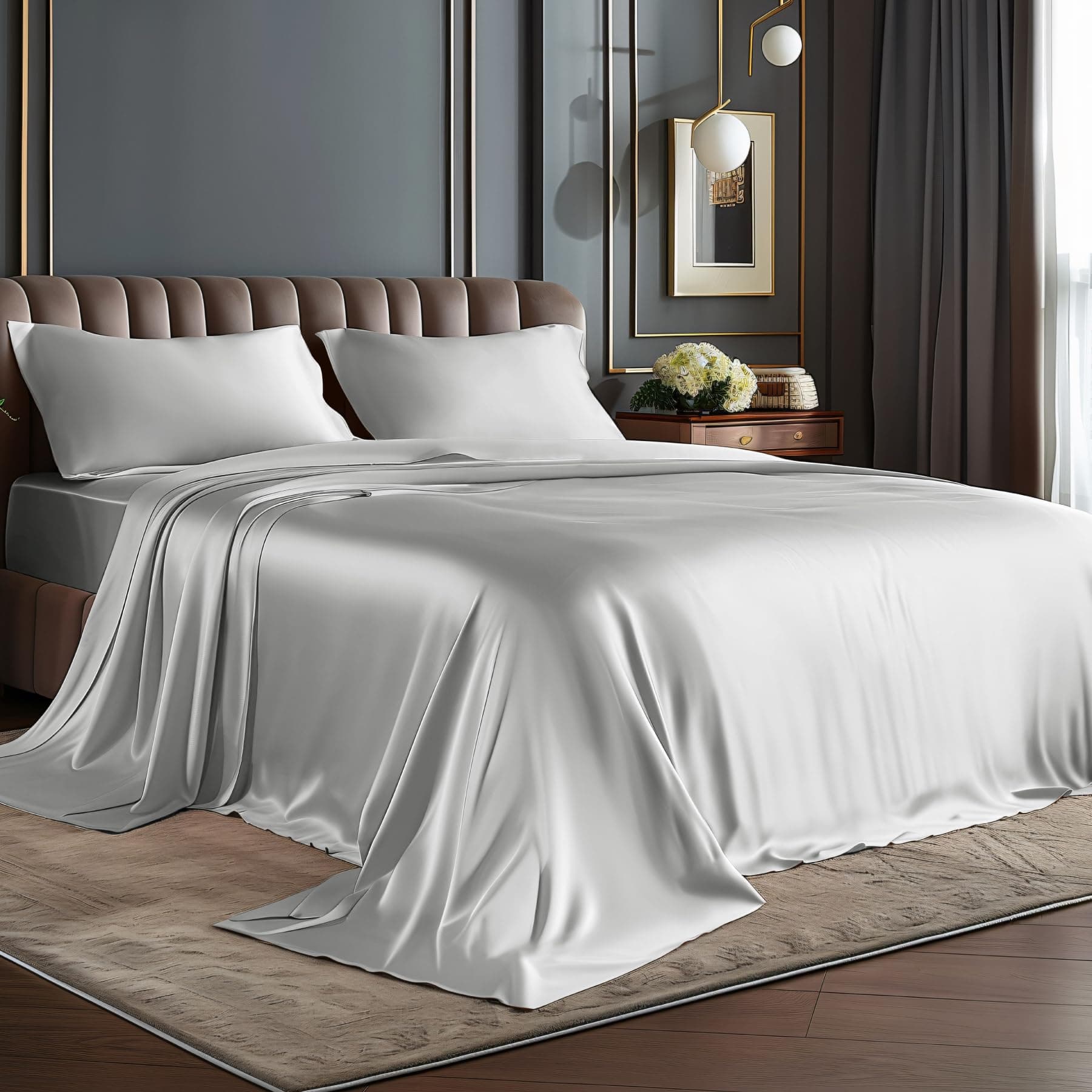 BEDELITE California King Sheets Set, Luxury Soft Grey Satin Sheets for Hair and Skin, Similar to Silk Bed Sheets Set 4 Pieces with 1 Deep Pocket Fitted Sheet, 1 Flat Sheet, and 2 Pillowcases