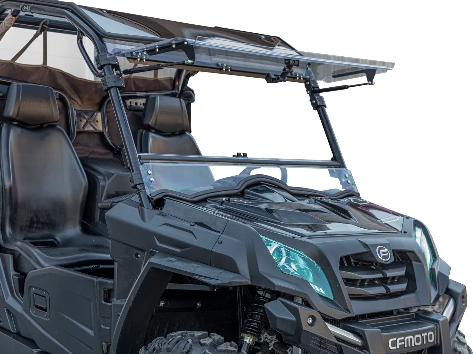 SuperATV Scratch Resistant Flip Windshield for 2014-2022 CFMOTO UForce 800, Made of 1/4" Hard Coated Polycarbonate, Comes Preassembled, Can be Closed, Vented, or Fully Open, USA Made
