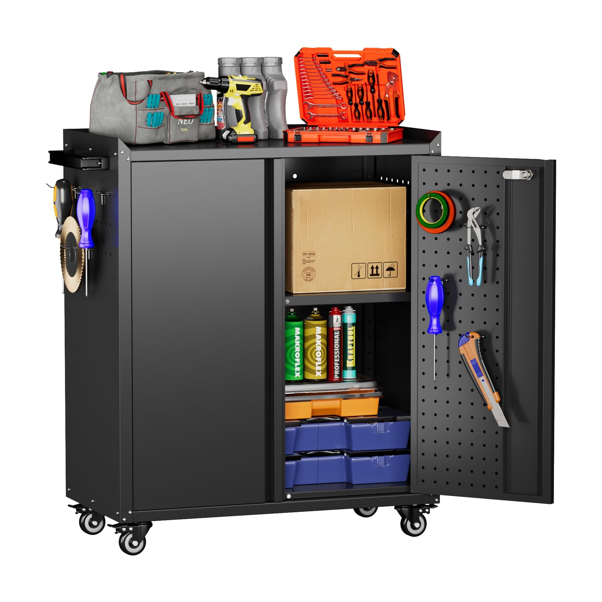 Garage Storage Cabinet with Wheels & Pegboard, 31.5" H Locking Metal Tool Storage Cabinet with Doors and Shelf & 4 Hooks for Garage, Home, Workshops, Assembly Required, Black