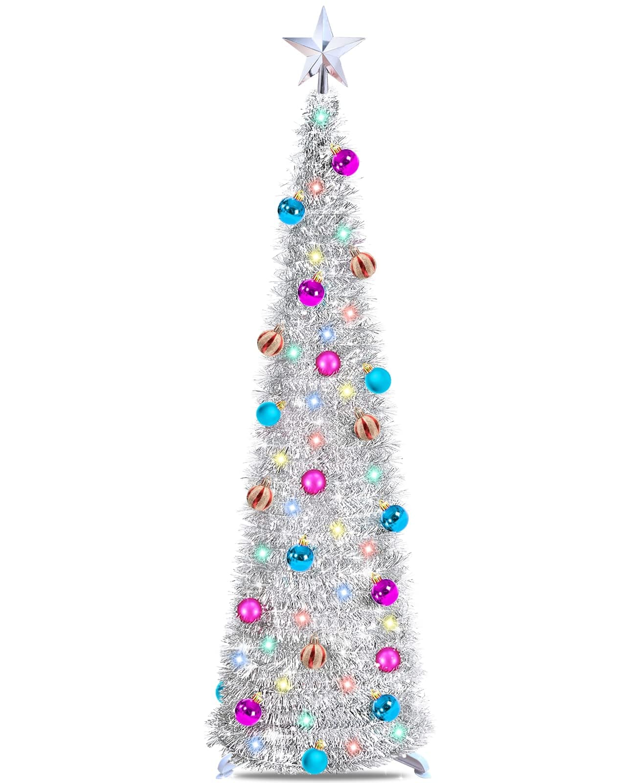 [ Dual Color Switch & Timer ] 5Ft Prelit Pop Up Christmas Tree,Tinsel Pencil Christmas Tree with 50 Warm White & Multi Color Change Lights 25 Balls Ornaments 3D Star Sequins Full Xmas Decorations Home