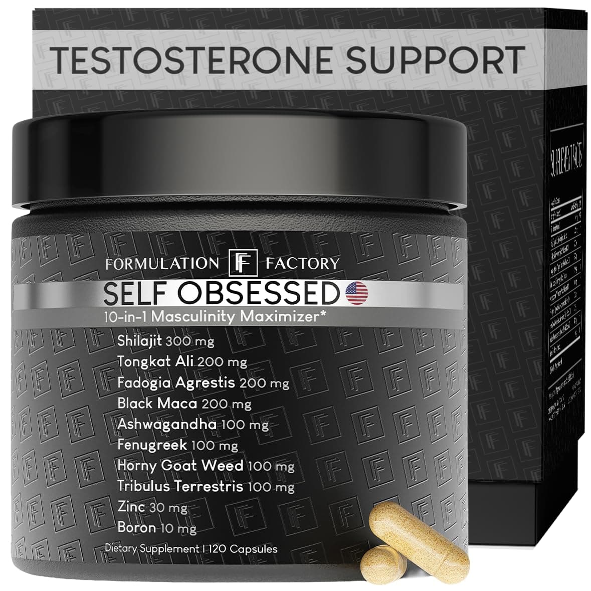 Formulation Factory Self Obsessed Masculine Vitality & Testosterone Support - 10-in-1 Complex with Shilajit, Tongkat Ali, & Fadogia Agrestis - 120 Capsules, 2 Month Supply