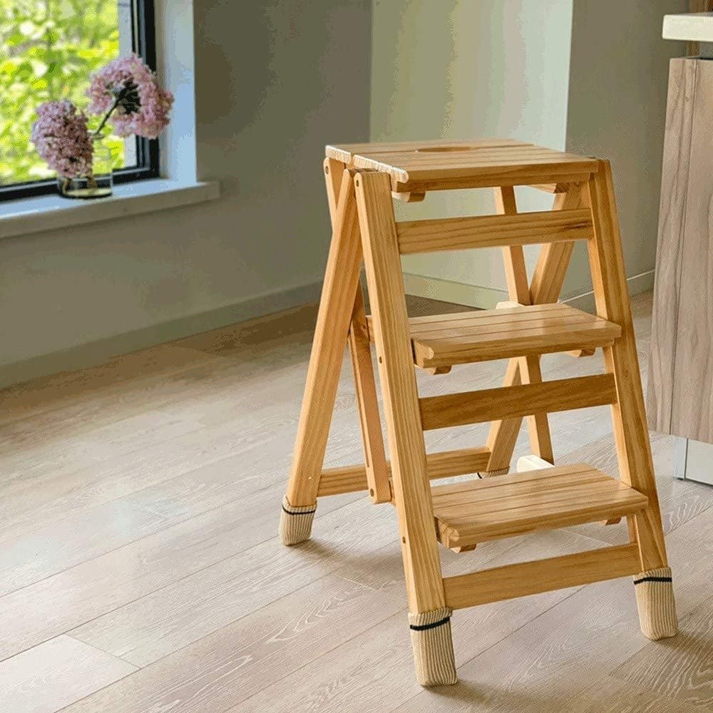 Kitchen Wooden Ladders Small Foot Stools Wood Folding Step Stool for Adults & Kids Indoor Folding Stepladder Portable Shoe Bench/Flower Rack (Color : Wood Color, Size : 3 Tiers)