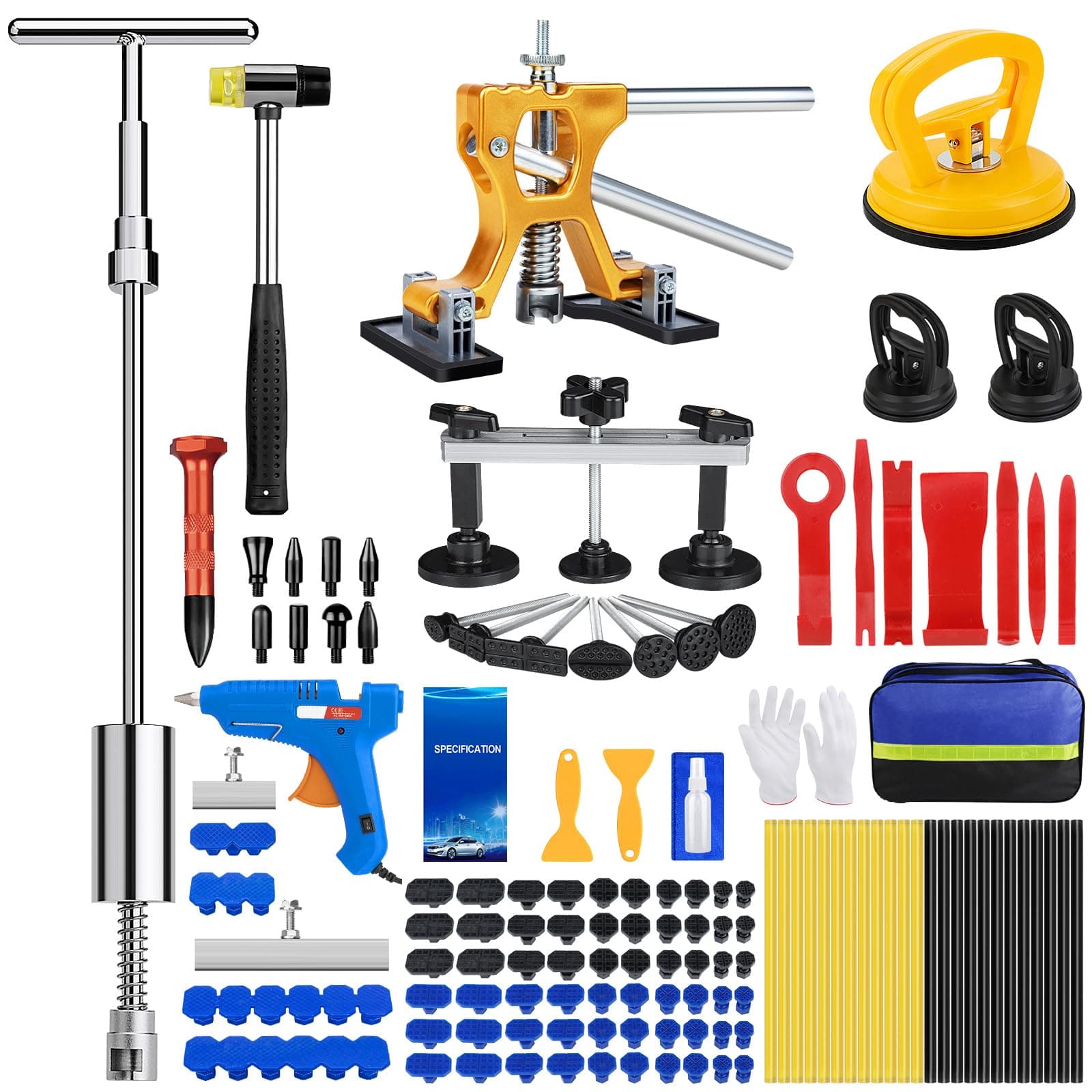 Sigoobal Car Dent Puller Kit, 135pcs Paintless Dent Removal Kit, Car Dent Repair Kit with Golden Lifter, Bridge Puller, Slide Hammer 2 in 1 T-Bar, Dent Puller for Car Refrigerator Door Ding Repair