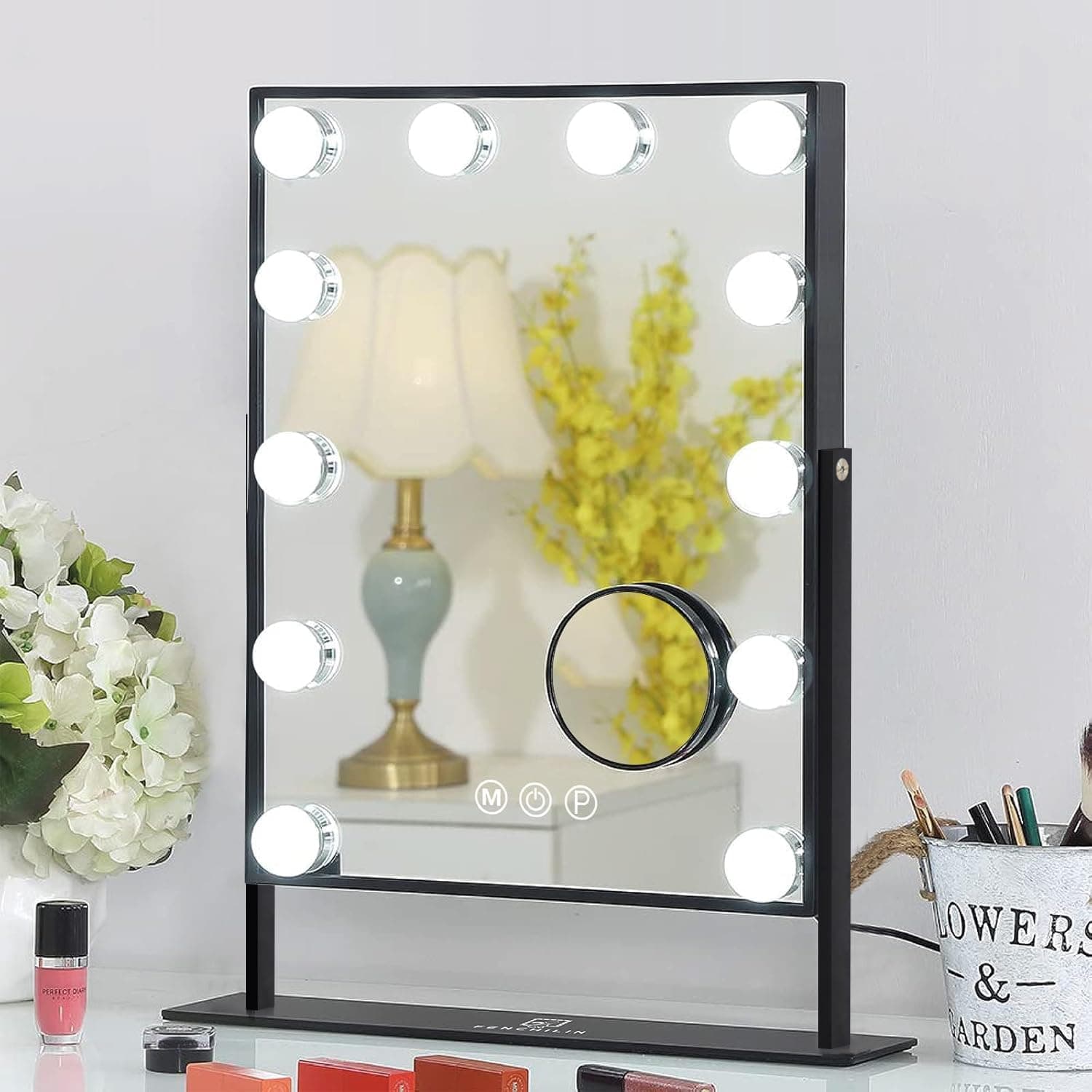 Lighted Makeup Mirror Hollywood Mirror Vanity Makeup Mirror with Light Smart Touch Control 3Colors Dimable Light Detachable 10X Magnification 360°Rotation(Black)