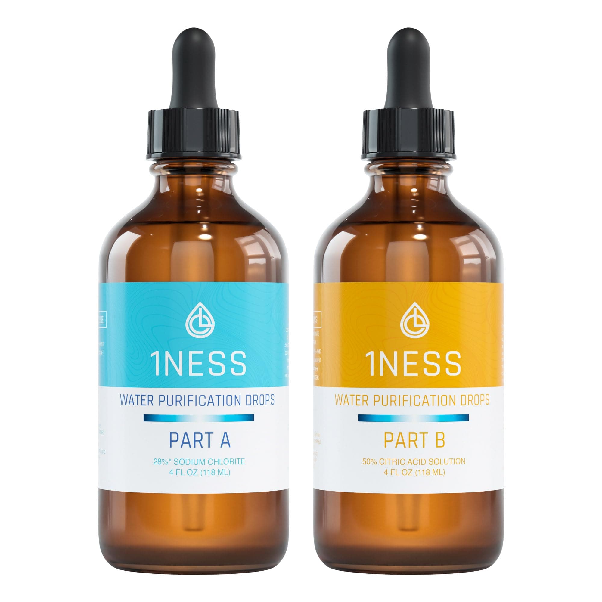 1ness Chlorine Dioxide Kit | 2 Part Liquid Classic 1:1 Set | Citric Acid 50% : Sodium Solution 28% | 1x 4oz Solution A + 1x 4oz Solution B