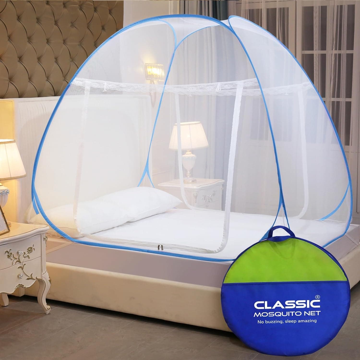 - Classic Mosquito Net for Double Bed | Queen Size Foldable Machardani | Polyester 30GSM Strong Net | PVC Coated Corrosion Resistant Steel Wire - Blue