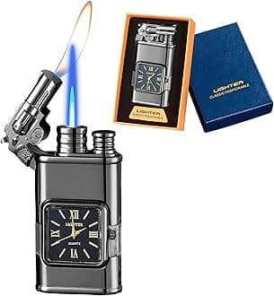 Torch Lighter, Magic Dual Flame Lighter with Cool Design, Windproof Lighters with Visible Fuel Tank, Adjustable Flame Refillable Butane Lighter for Men Women Friends Gifts (Without Butane)- Black-g