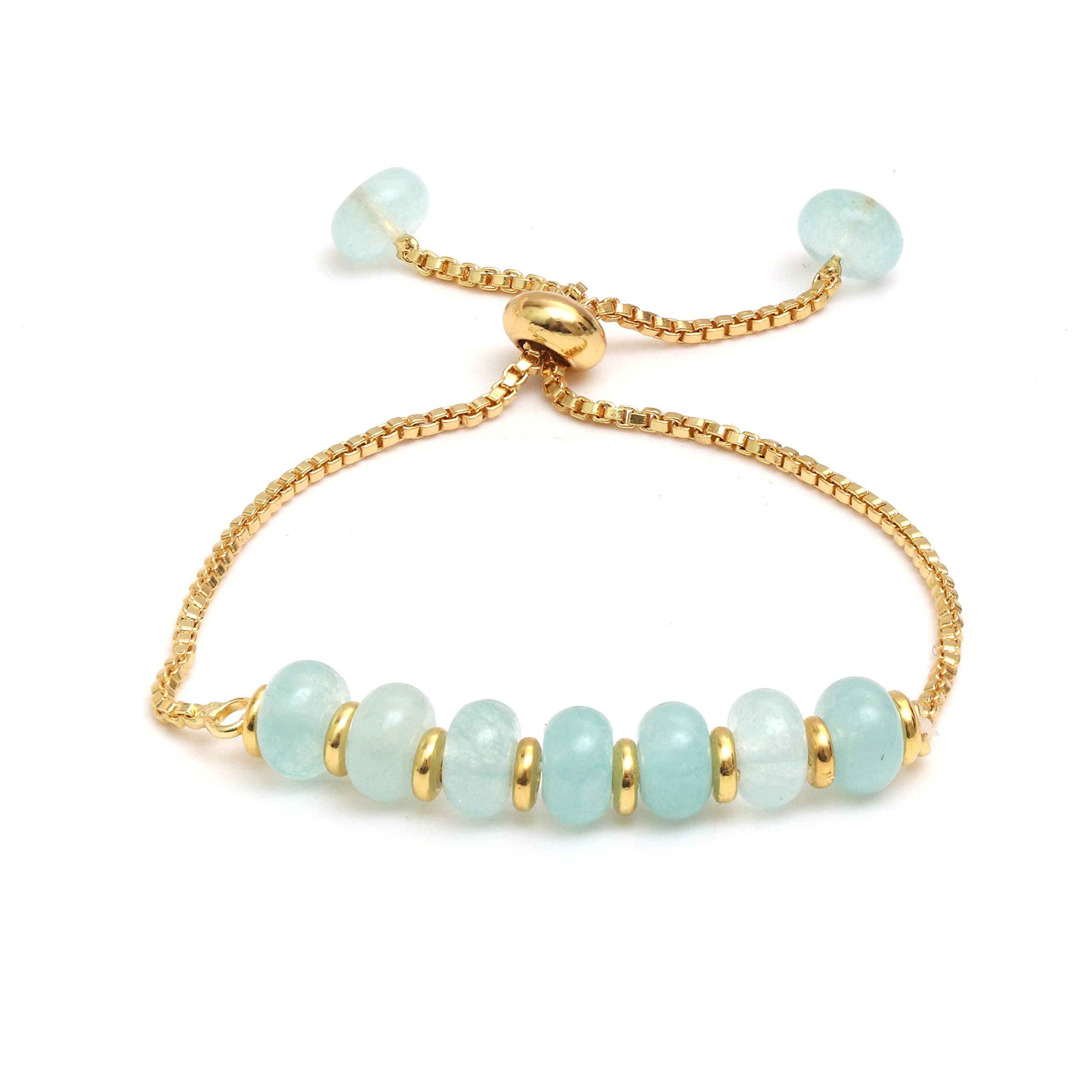 Gempires Aqua Chalcedony Bolo Bracelet, Crystal Beads Bracelet, 14k Yellow Gold Plated, Adjustable Bracelets For Women