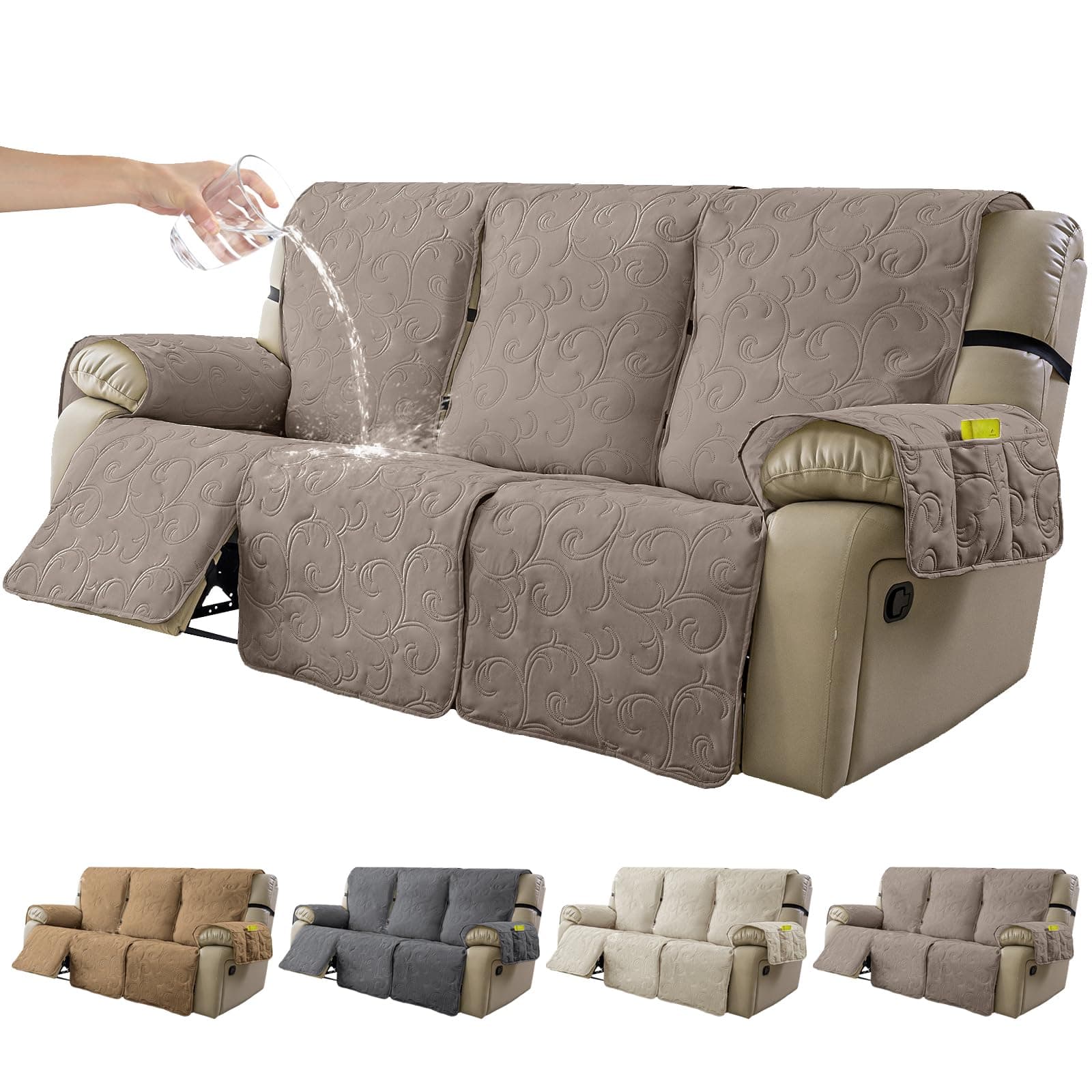 100% Waterproof Recliner Sofa Covers 3 Seater, 6-Piece Split Non-Slip Reclining Couch Covers for 3 Seat, Reclining Sofa Covers for Living Room, for Pets Kids Protector, Washable (Taupe)