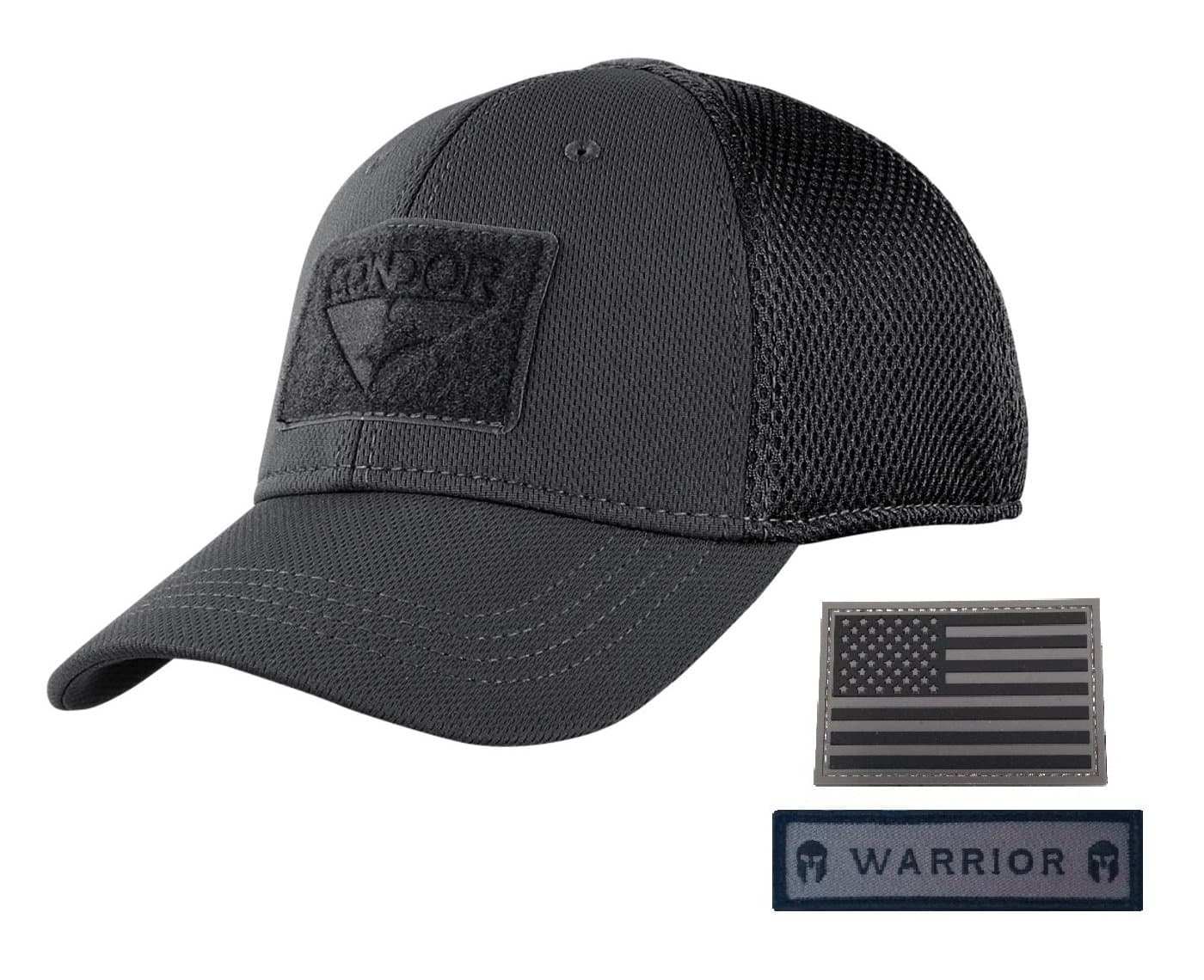 Condor Flex Mesh Cap, BLACK - Flag & Warrior Patch, Black, Size Small/Medium