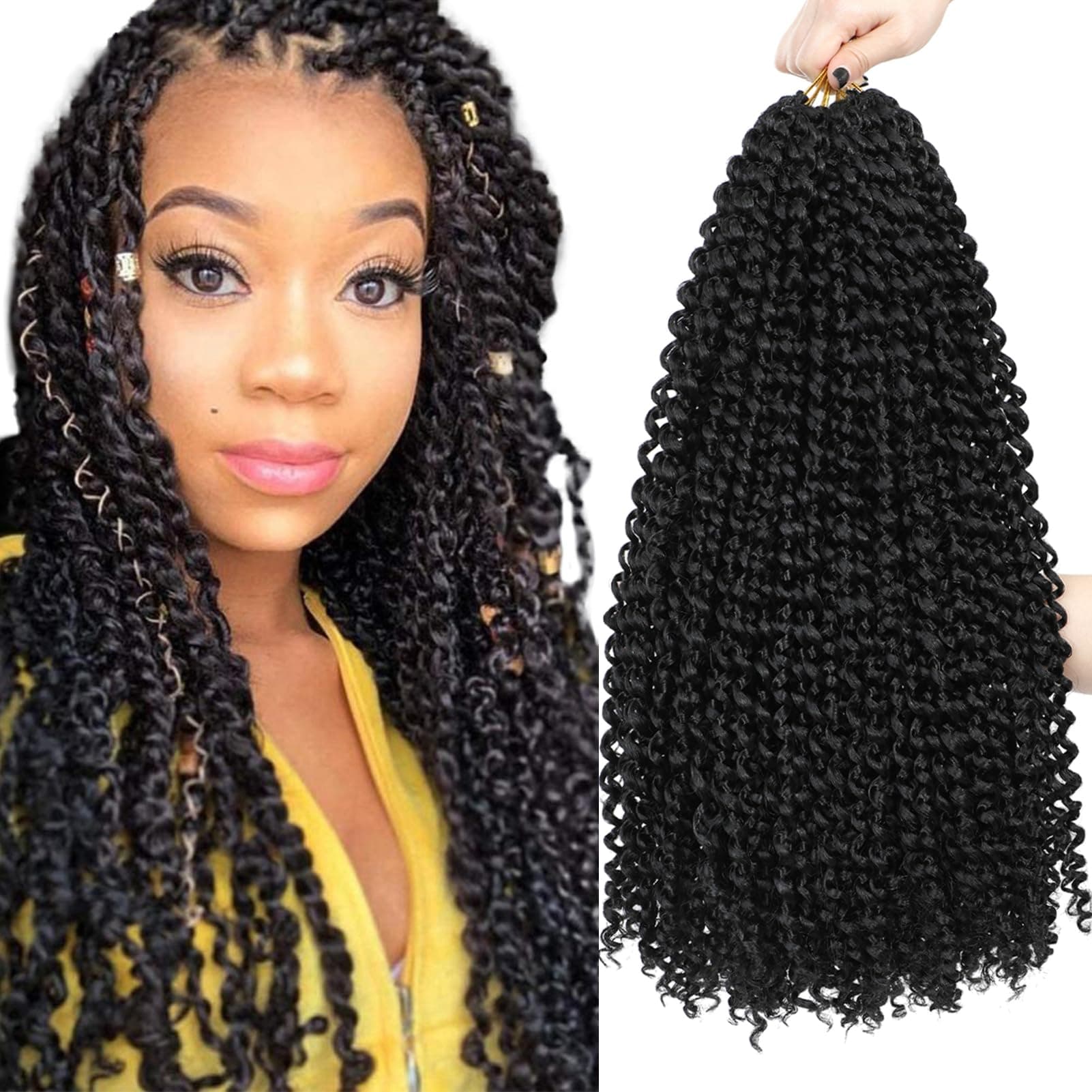 Passion Twist Hair 18 Inch 7 Packs Water Wave Crochet Hair Long Bohemian Curly Braiding Hair for Butterfly Locs, Faux Locs, Boho Style Spring Twist Crochet Braids (1B#)
