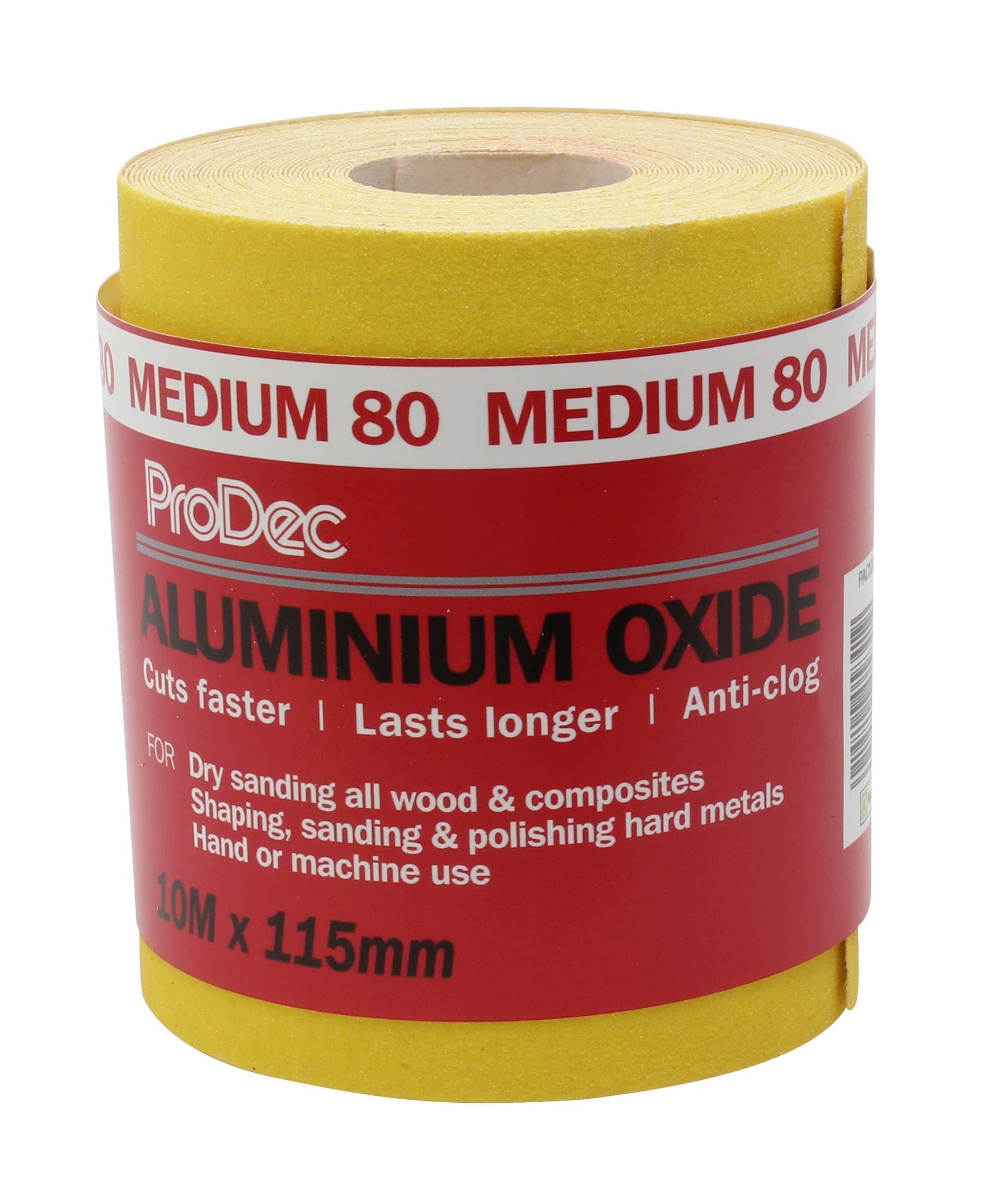 ProDec 10m Roll 80 Grit Medium Grade Yellow Aluminium Oxide Abrasive Sanding Paper for Sanding Wood, Paint, Plaster, Filler, Metal and More, 115mm Wide Sandpaper Compatible with Machine Sanders