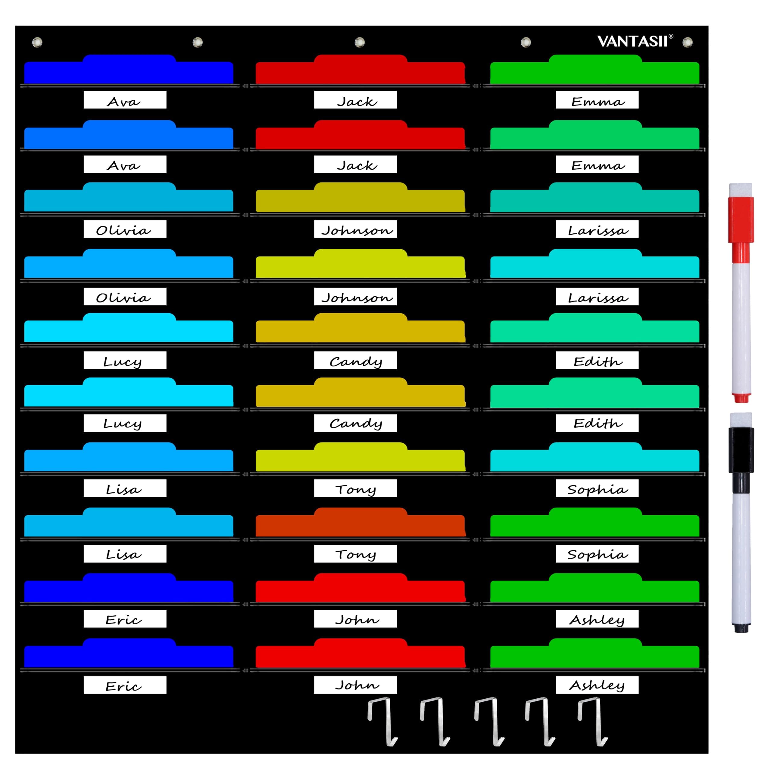 Vantasii Organization Center Pocket Chart, Wall File Organizer Folder with 30 File Pockets, 30 Dry-Erase Cards Plus 5 Over The Door Hooks and 8 Wall Hooks, 47 X 42 inch