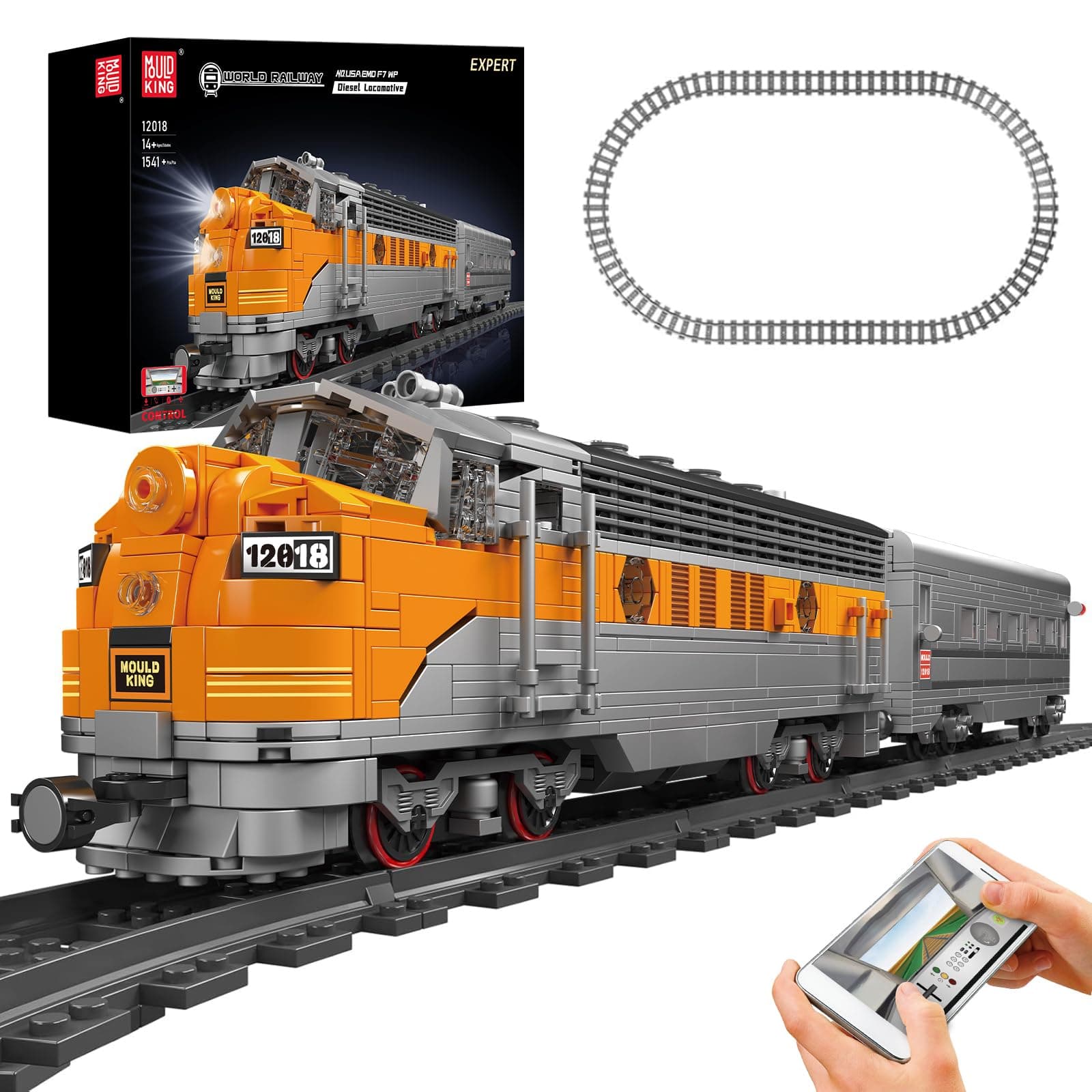 Mould King 12018 Technic Remote Control USA EMD F7 WP Diesel Locomotive Railroad Train Lighted Block Set - LED Light Building Kit 1541 Pieces with Rail Block Model
