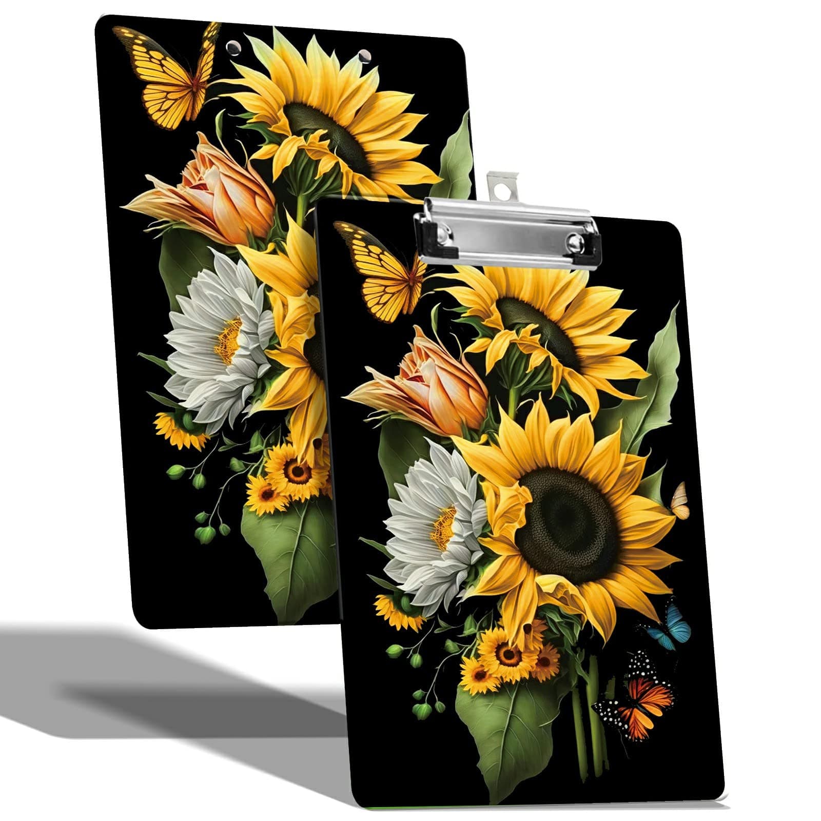 A4 Size Clipboard with Hanging Hook and Low Profile Clip, Plastic Nurse Clipboard Writing Drawing Board with Double-Sided Print for Office School Use, Sunflower Btterfly