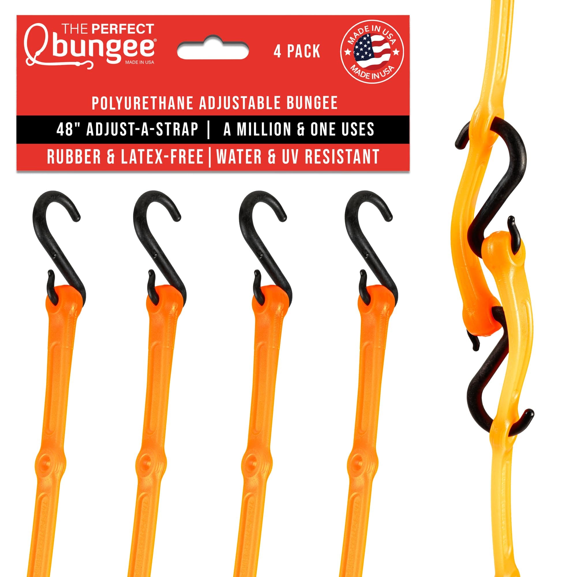 The Perfect Bungee 48” Adjust-A-Strap Rubber-Free Poly Bungee w Reinforced Holes to Adjust Size, Stretches 2X Length, Removable Nylon Hooks, UV Resistant, Heavy-Duty, All-Weather, Made in USA, Orange