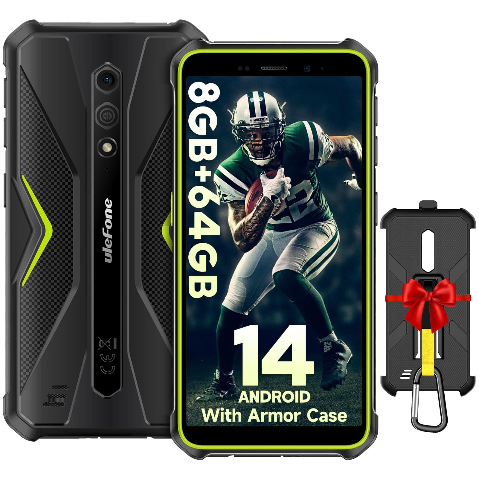 Ulefone Armor X12 Pro Rugged Smartphone Android 14, 8GB + 64GB/256GB SD 5,45'' HD+ 13MP+8MP 4860mAh IP68/IP69K Waterproof 4G Dual SIM Free Unlocked Face ID/NFC/OTG/GPS, UK Version -Green