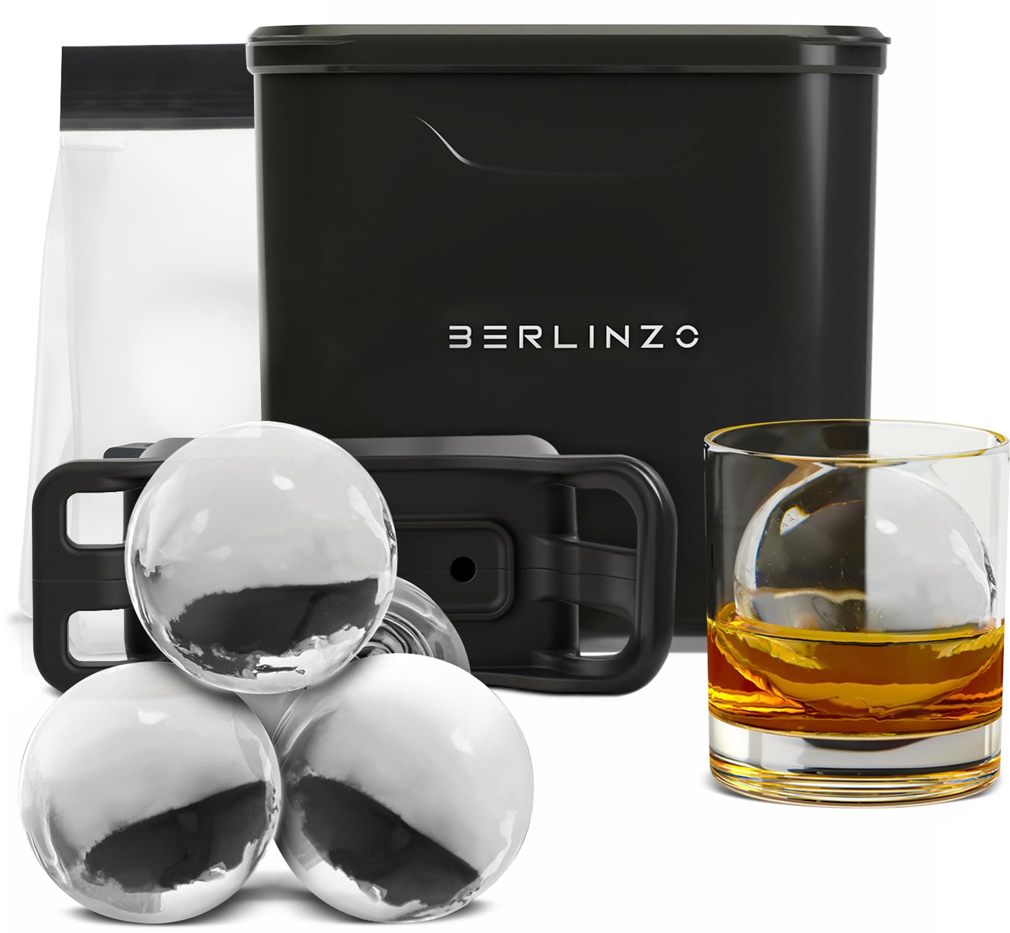 Berlinzo Premium Clear Ice Ball Maker - 2 Large 2.4" Crystal Spheres for Whiskey, Cocktails & Bourbon - Easy-to-Remove Mold, Storage Bag & Stamp Press Ring Included, Black