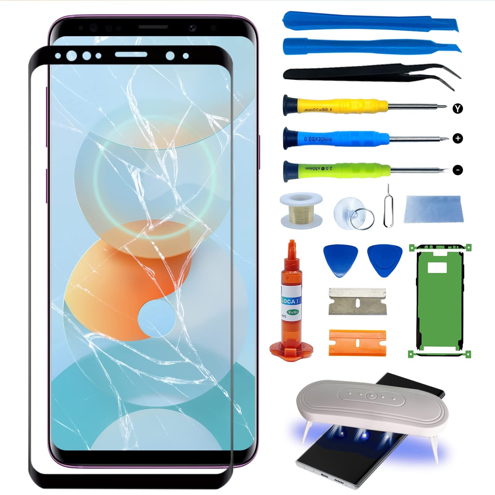 for Samsung Galaxy S9 Plus Front Screen Glass Replacement 6.2 inch 9+ Outer Glass Replacement Repair Kit incl Waterpoof Frame Adhesive and Tool Kit(No Digitizer,No LCD) G965 Series