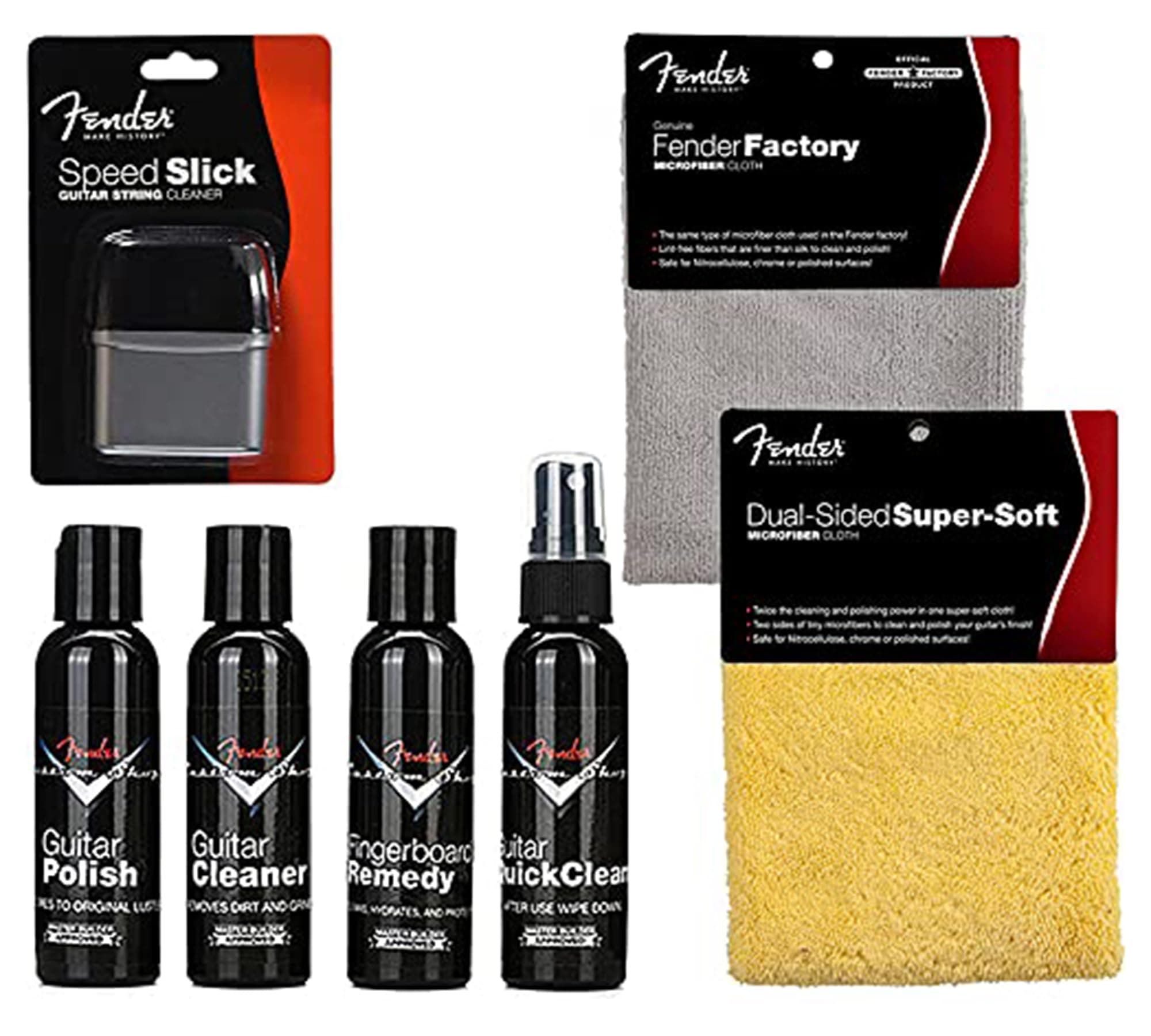 Guitar Super Care Kit Bundle with Speed Slick String Cleaner, Custom Shop Deluxe Guitar Care System 4 Pack, Super-Soft Dual-Sided Microfiber Cloth, and Fender Factory Microfiber Cloth
