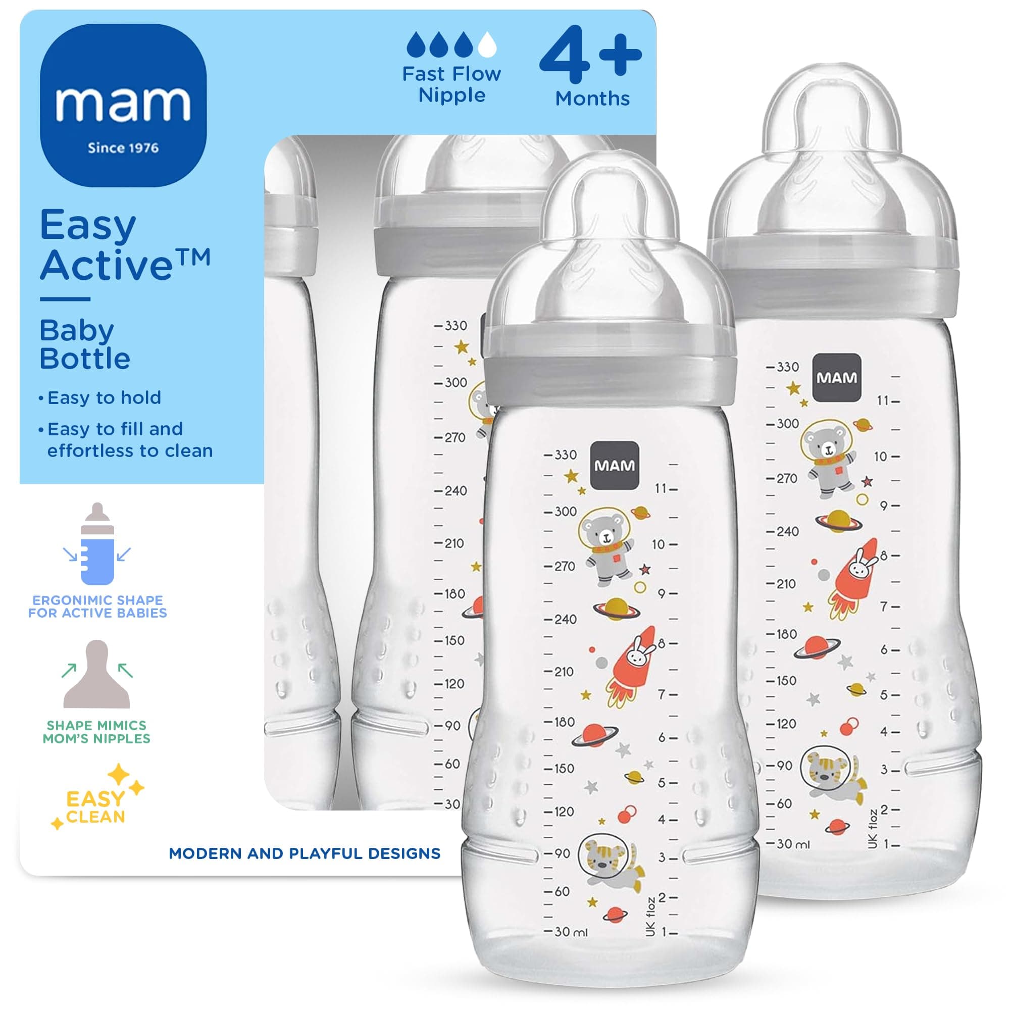 MAM Easy Active Baby Bottle 2 Pack, 11oz, BPA Free, Fast Flow Silicone Nipple, Anti-Slip Grip, Leak-Proof, 4+ Months, Cotton