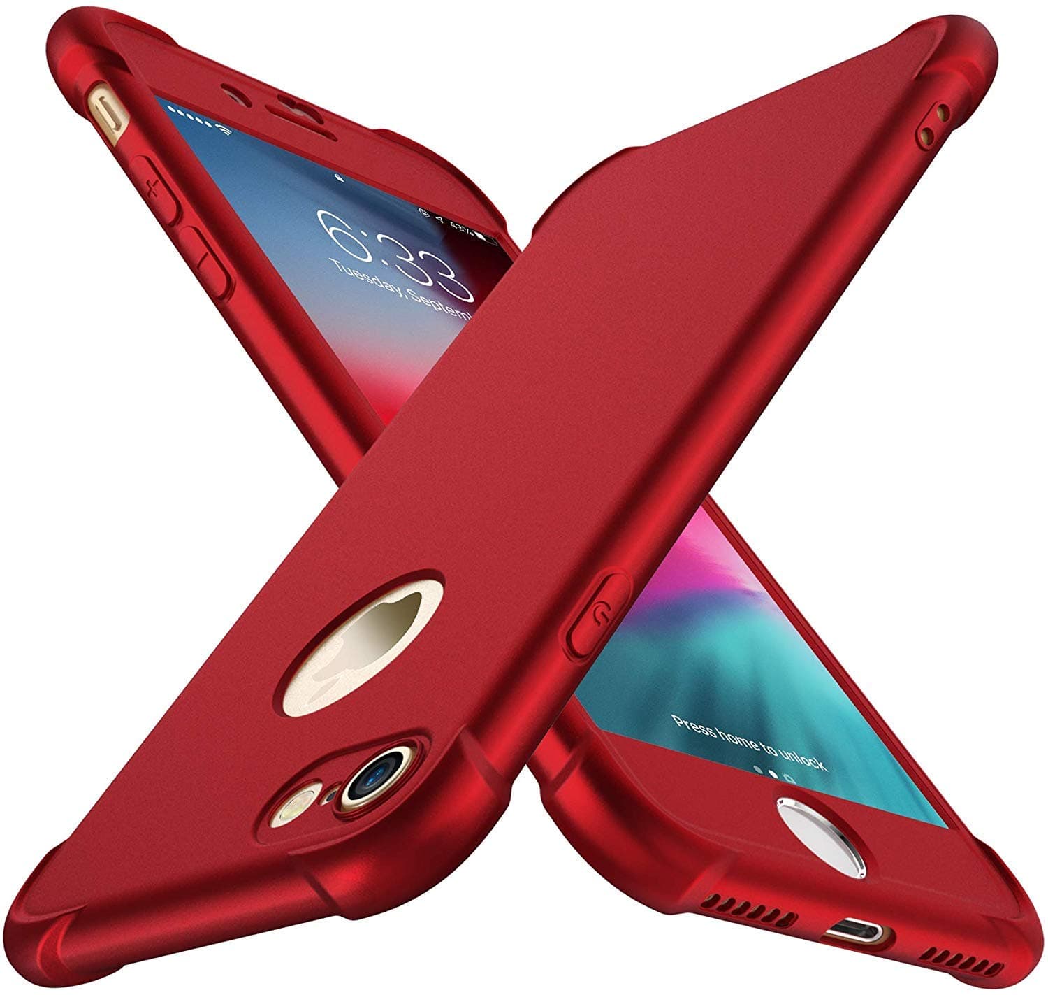 ORETECH Compatible with iPhone 7/8 Case, with 2 Pack HD Screen Protector 360° Full-Body Silicone Soft TPU Hard PC Protective Bumper Phone Case Cover - Metallic Red