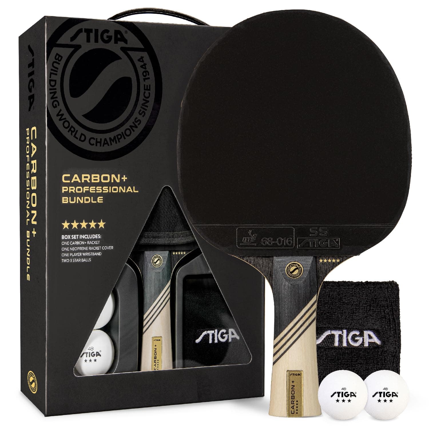 Carbon+ Bundle Ping Pong Paddle Set – 7-ply Extra Light Carbon Fiber Blade – 2mm Premium Sponge – Concave Pro Handle – 2 3-Star Tournament Balls – Neoprene Racket Cover – Player Wristband