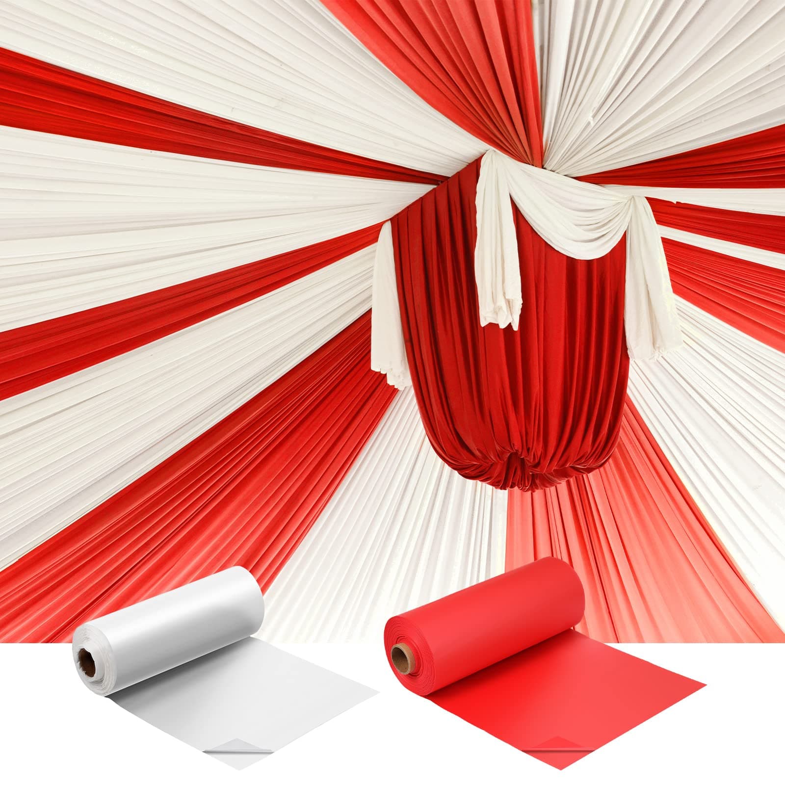 Moukeren 40 x 100'' Circus Tablecloth Roll Plastic Tablecloth Disposable DIY Carnival Tent Party Supplies for Big Top Tent Backdrop Curtains Ceiling Wall Drapes(White, Red,2 Roll)