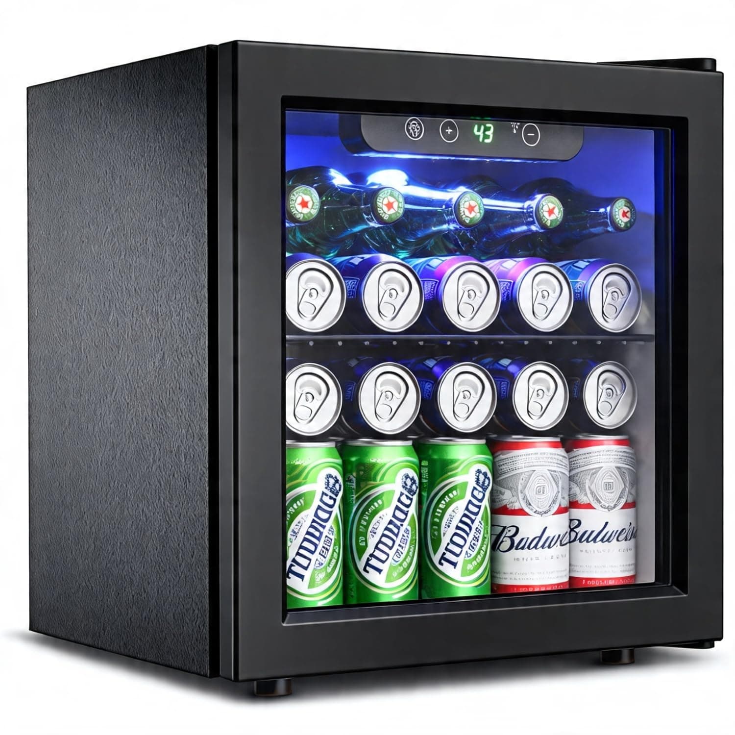 Feelfunn 50 Can Beverage Refrigerator Cooler - 1.3 Cu.Ft Mini Fridge with Glass Door, Soda Beer Drink Wine Fridge, Countertop Small Refrigerator for Bedroom Office Home Dorm Bar, Black