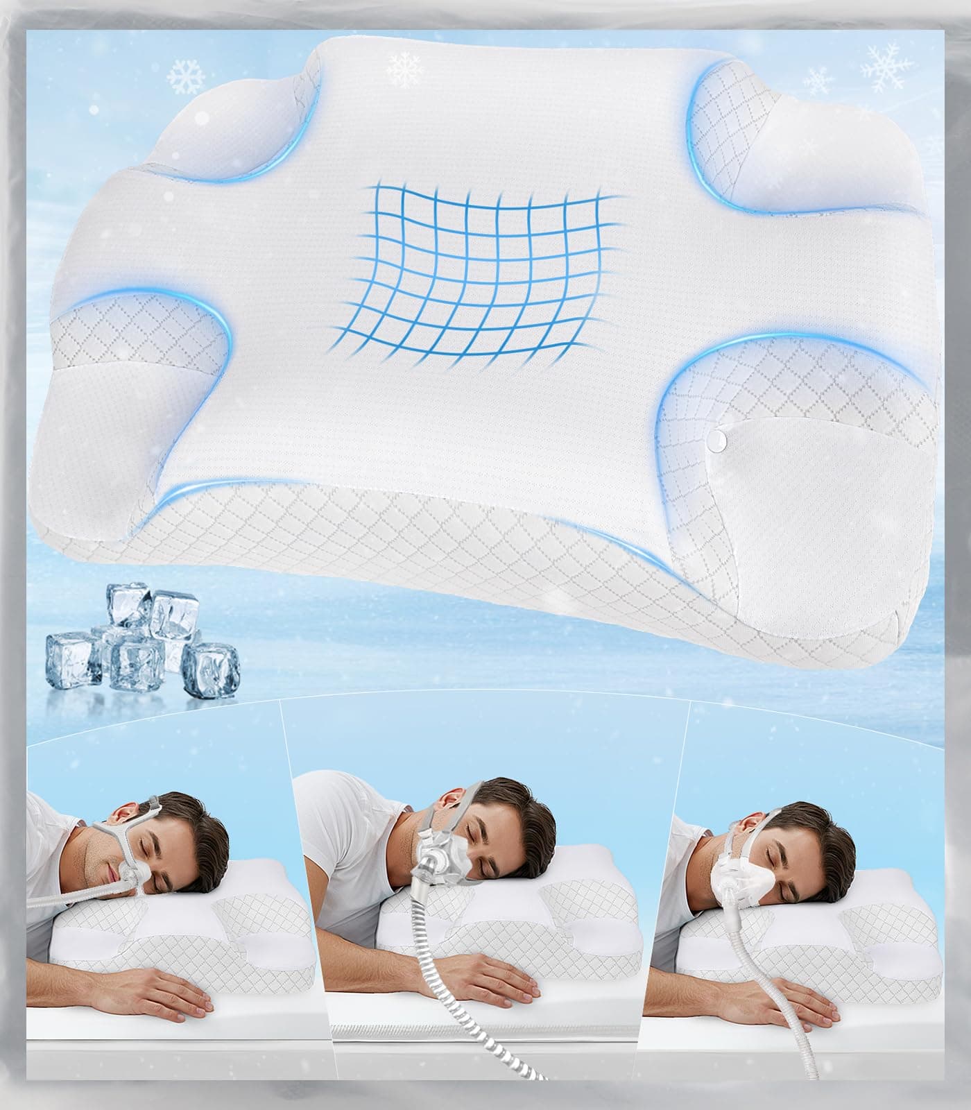 Deep Sleep CPAP Pillow for Side Sleeping for All CPAP Masks Users to Reduce Air Leaks & Masks Pressure: Neck Support Pillows for Neck Pain Relief - Cooling Memory Foam Pillow Side Back Stomach Sleeper