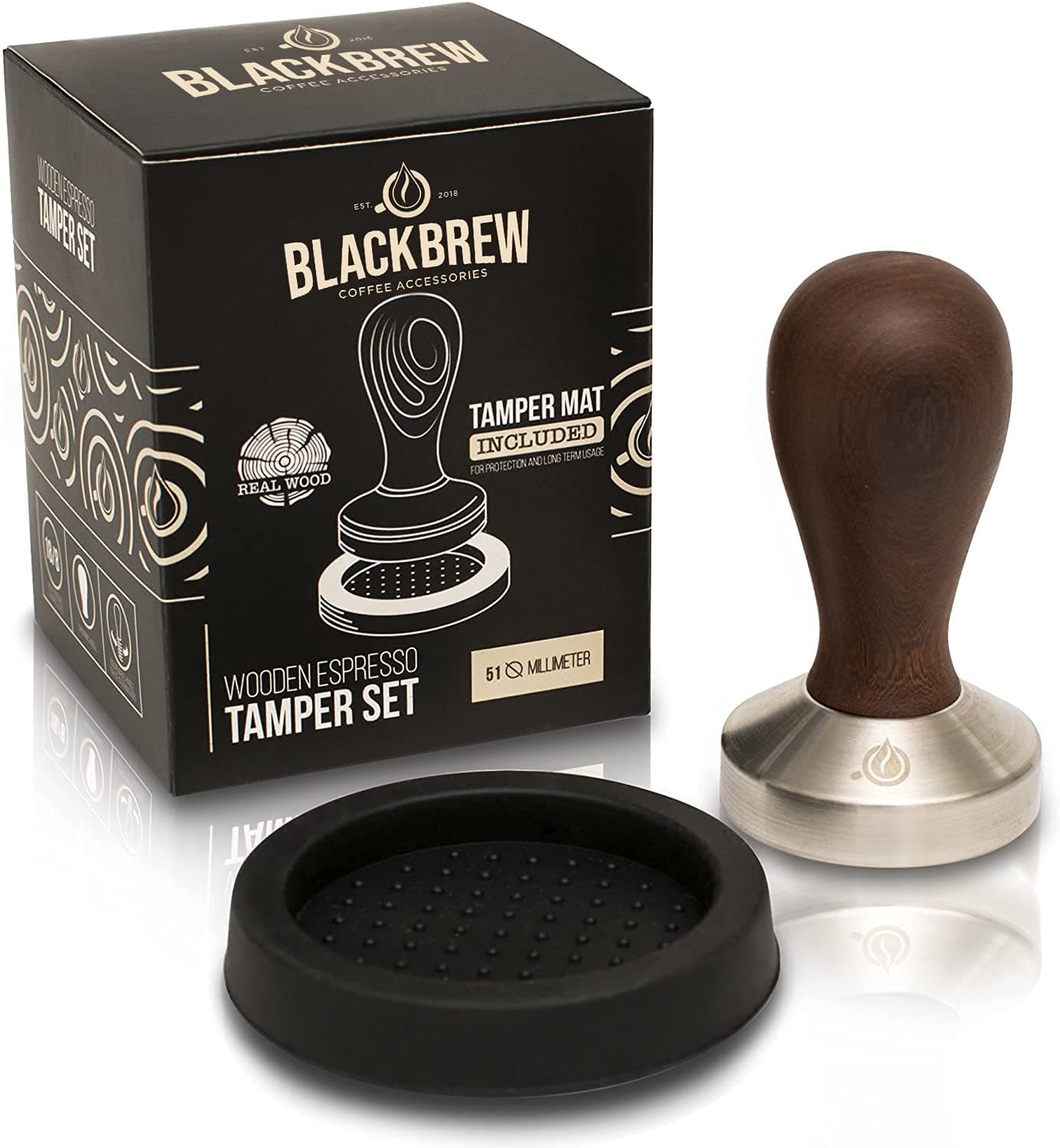 Black Drop 51 mm Coffee Tamper Set with High-Quality Real Wood Handle - Premium Espresso Stamp Made of Stainless Steel for the Most Intensive Taste - Coffee Stamp / Tamper with Silicone Mat