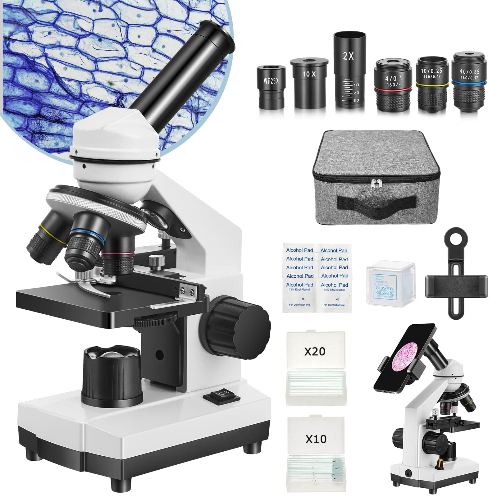 Microscope for Adults Kids Students, 40X-2000X Microscope for Beginners, Biological Microscope Kit with Phone Holder, 10pcs Specimen Slides, 20 Pcs Slides & 100pcs Coverslips, Storage Bag