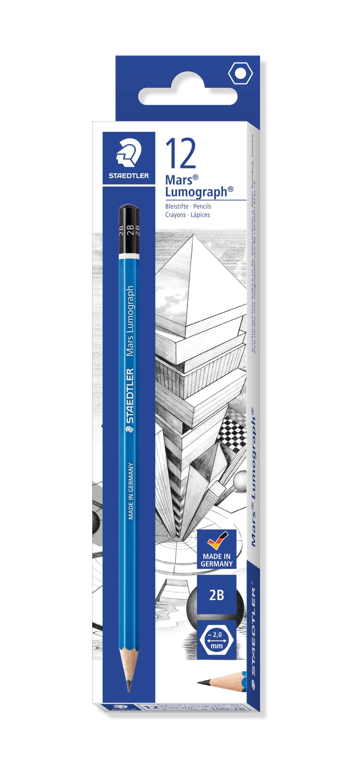 Mars Lumograph 2B Graphite Art Drawing Pencil, Medium Soft, Break-Resistant Bonded Lead, 12 Pack, 100-2B (100-2B VE)