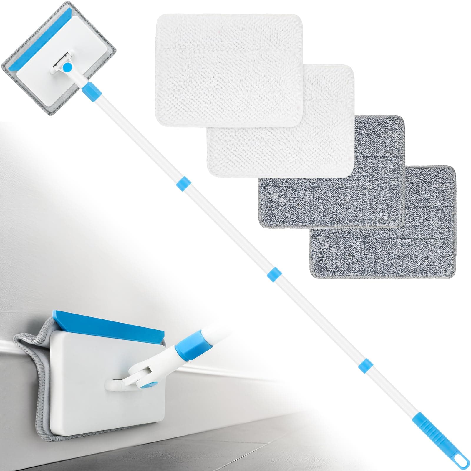 Baseboard Cleaner Tool with Handle, Baseboard Cleaning Tool with Long Handle, Wall Cleaner for Cleaning Baseboard Window Floor Ceiling Bathtub Tub Tile Scrubber Brush Duster with 4 Reusable Pads