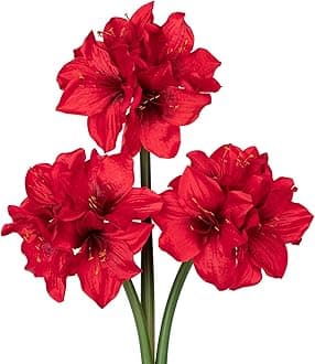 Oairse 3PCS Amaryllis Artificial Flowers 17.3 Inch Faux Amaryllis Lily Flowers Stems with 4 Heads Silk Floral Bouquet for Christmas Home Room Table Centerpiece Wedding Party Arrangements