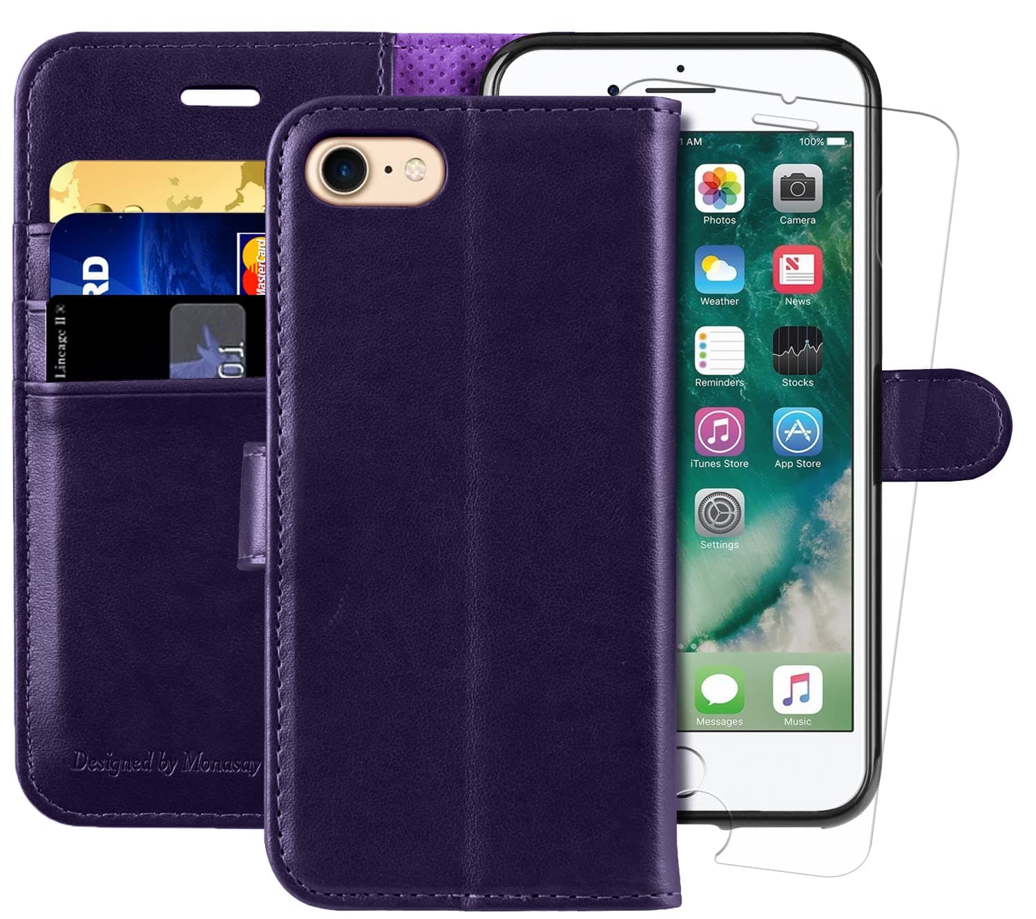 MONASAY iPhone SE 2022/2020 5G Case,iPhone 8 Wallet Case, iPhone 7 Case,4.7-inch, [Glass Screen Protector] Flip Folio Leather Cell Phone Cover with Credit Card Holder for Apple 7/8/SE2/SE3,Purple