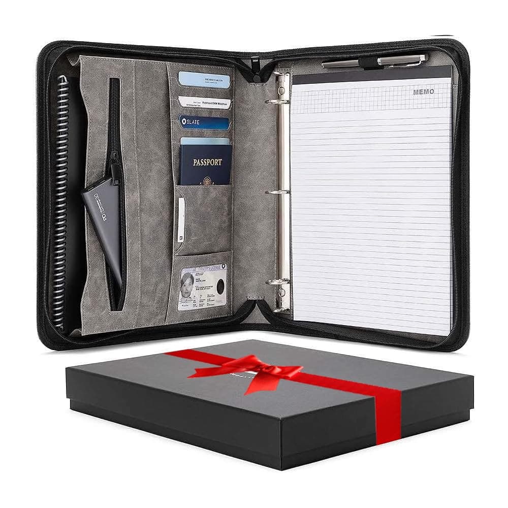 Forevermore Portfolio Padfolio with Zippered Closure, Removable 3 Ring Binder & Bonus Letter Size Writing Pad/Interview & Resume Document Organizer/Notebook & Business Card Holder, Gray