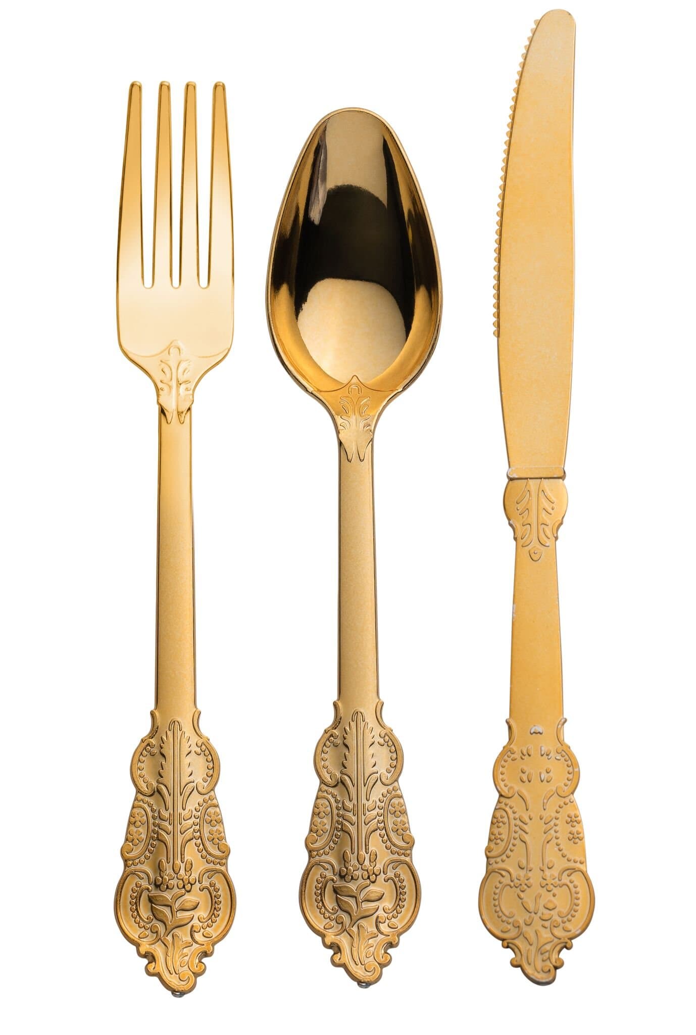 Disposable Plastic Gold Silverware Cutlery, Shiny Metallic Flatware 60 Forks, 60 Knives and 60 Spoons Venetain Design