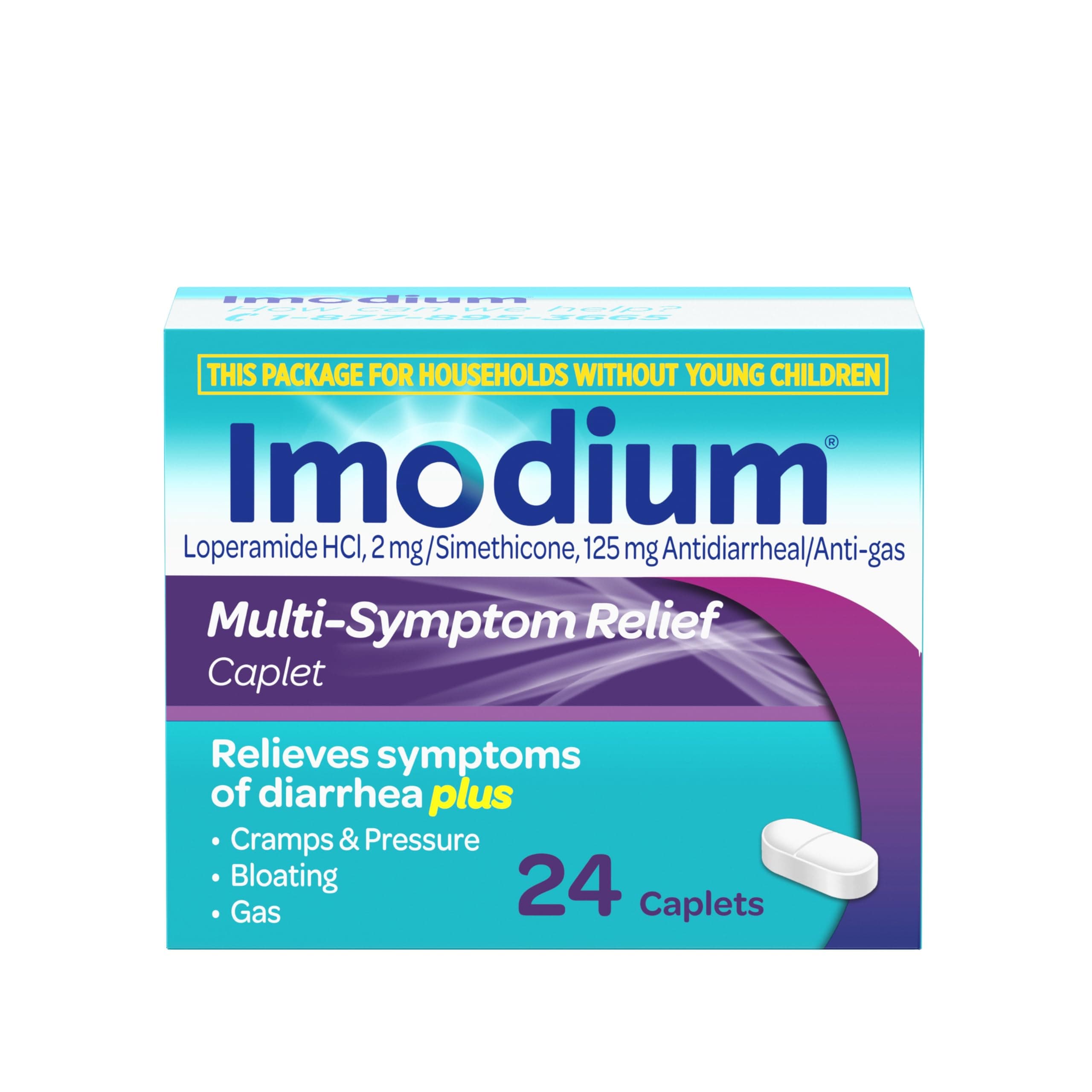 Imodium Multi-Symptom Relief Caplets with Loperamide Hydrochloride & Simethicone, Anti-Diarrheal Medicine for Treatment of Diarrhea, Gas, Bloating, Cramps & Pressure, Traveler's Diarrhea, 24 ct