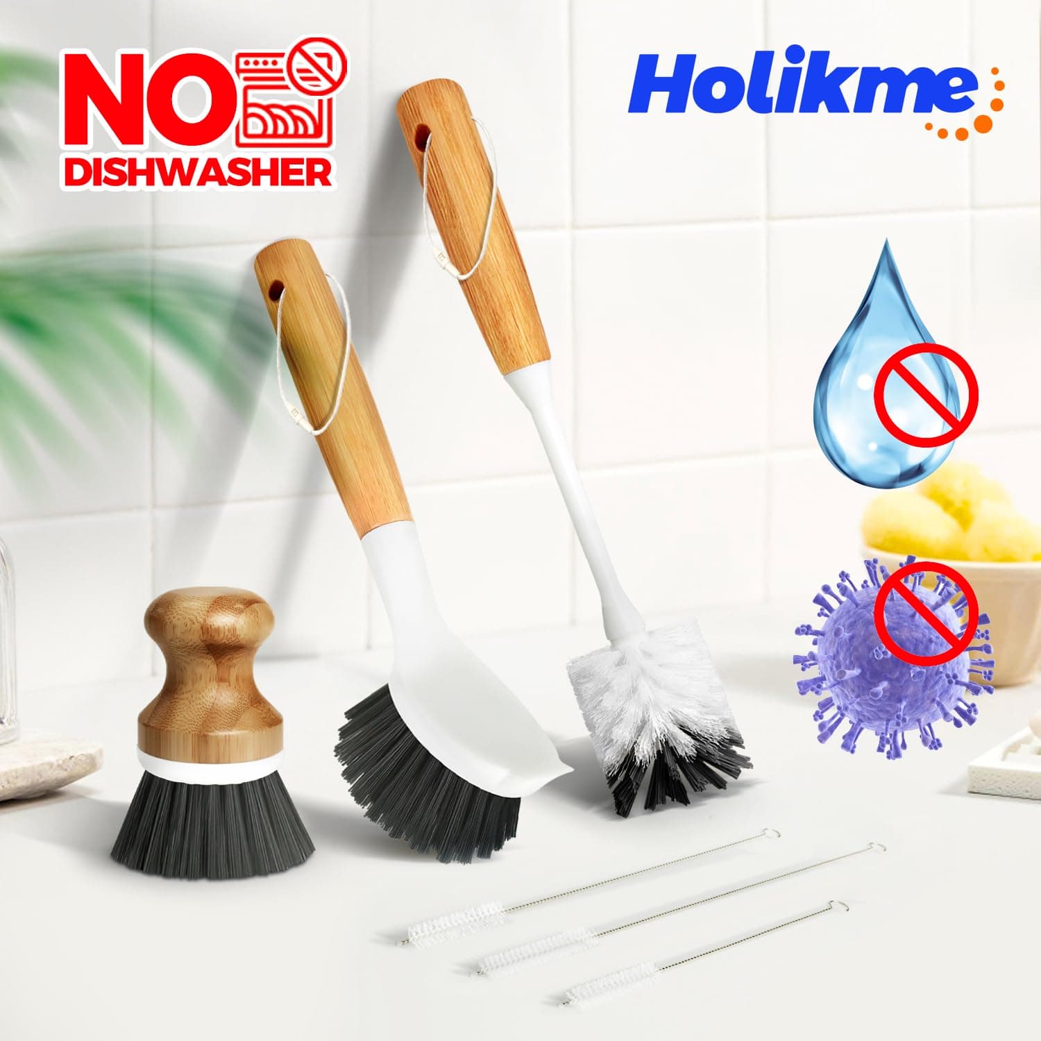 Holikme 6 Pack Dish Brush Scouring Pad Set with Bottle Brush, Dish Brush, Palm Scrub Brush and Straw Brush, Dish Scrubber Long Handle for Dish Bottle Cup Skillet Wok Pot Pan Cast Iron, Dark Gray