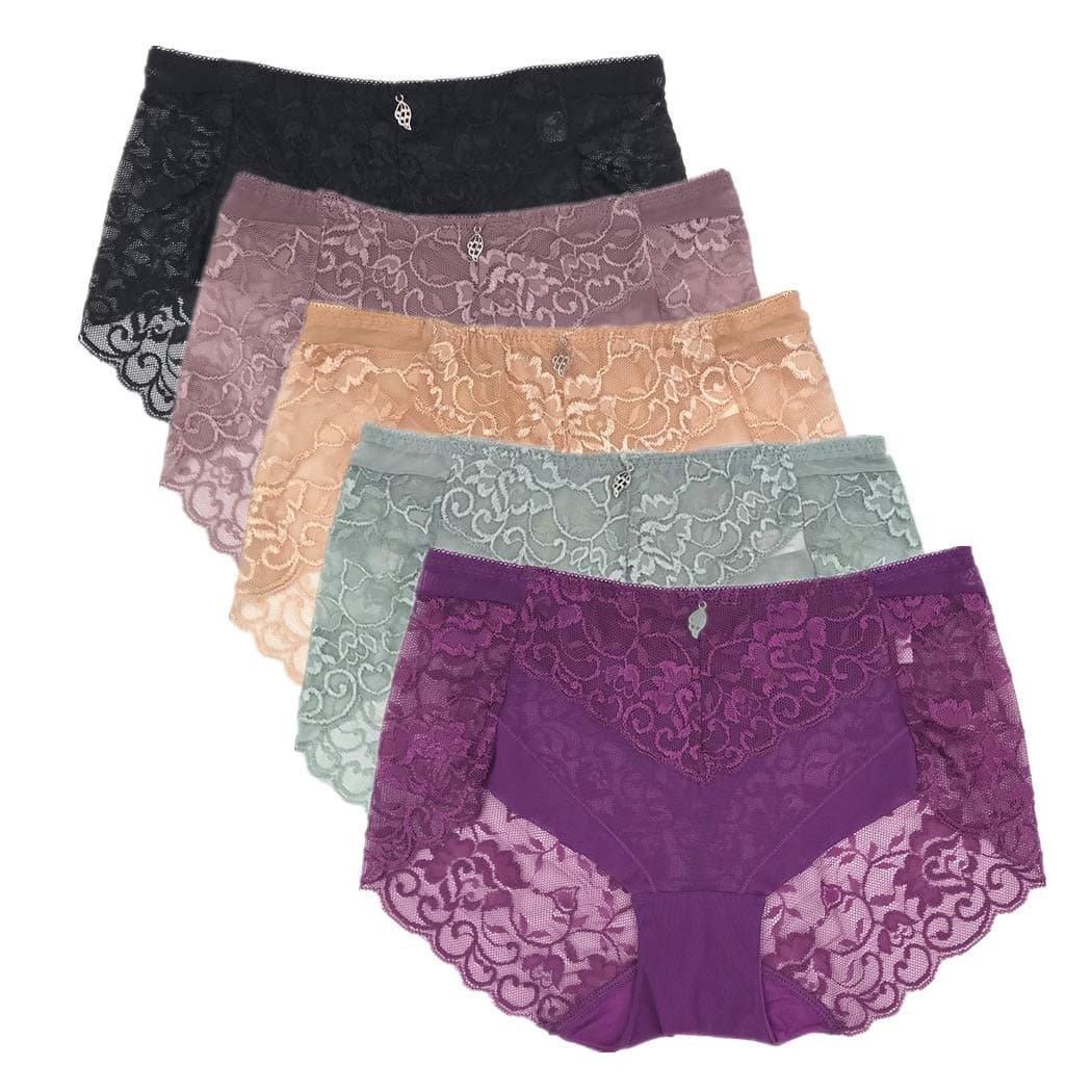 Pholeey 5 Pack Mid Rise Solid Panties for Women Cotton Liner Transparent Sexy Breathable Lace Brief