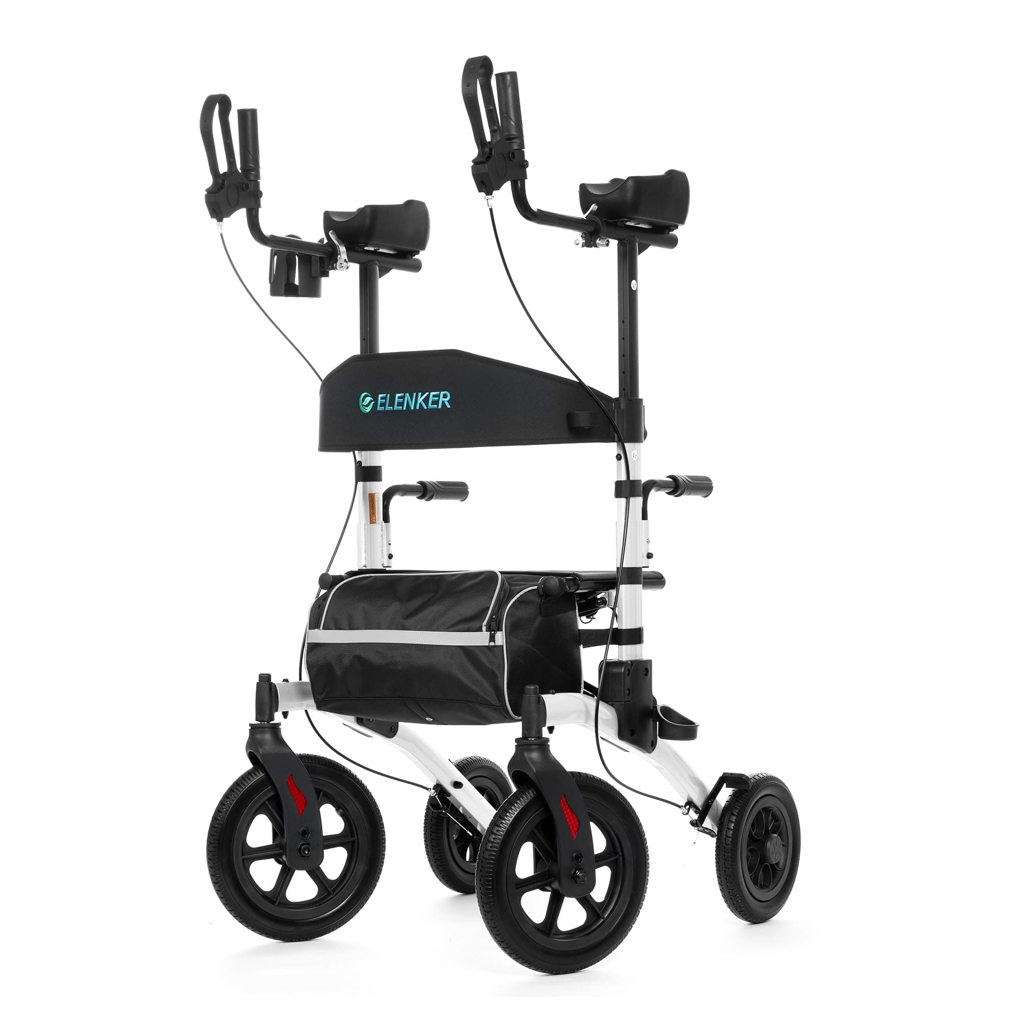 ELENKER All-Terrain Upright Rollator Walker, Stand up Rolling Walker with Seat, 12” Non-Pneumatic Tire Wheels, Compact Folding Design for Seniors, White