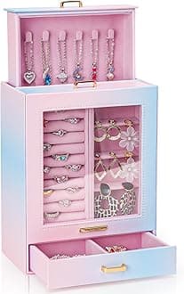 Homde Jewelry Organizer Girls Women Jewelry Box for Necklaces Rings Earrings Gift Bracelets Storage Case (Blue - Pink Gradient + Gold)