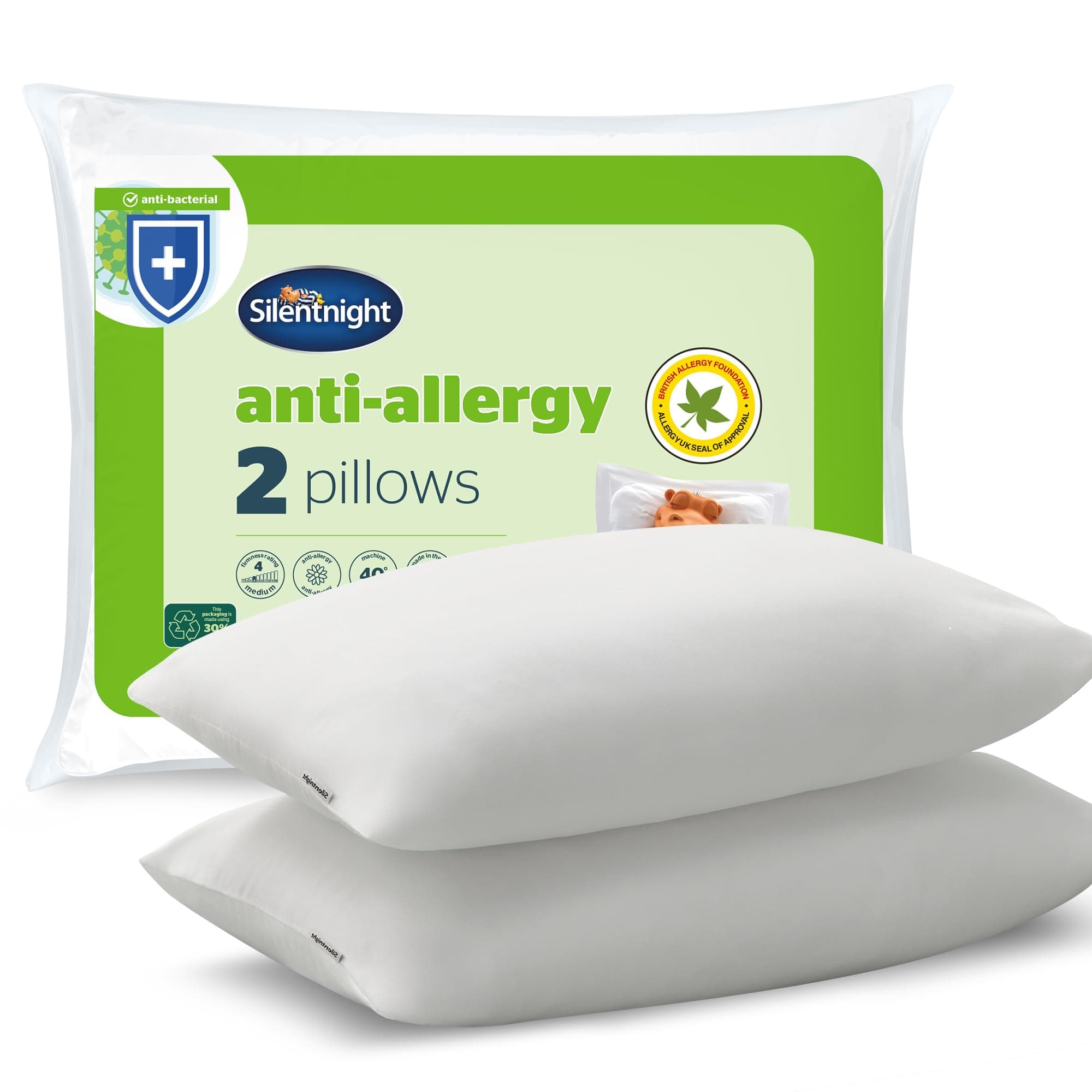 Silentnight Anti-Allergy Pillows 2 Pack – Soft Medium Support Anti Bacterial, Bed Hotel Pillows for Back, Stomach and Side Sleepers, White