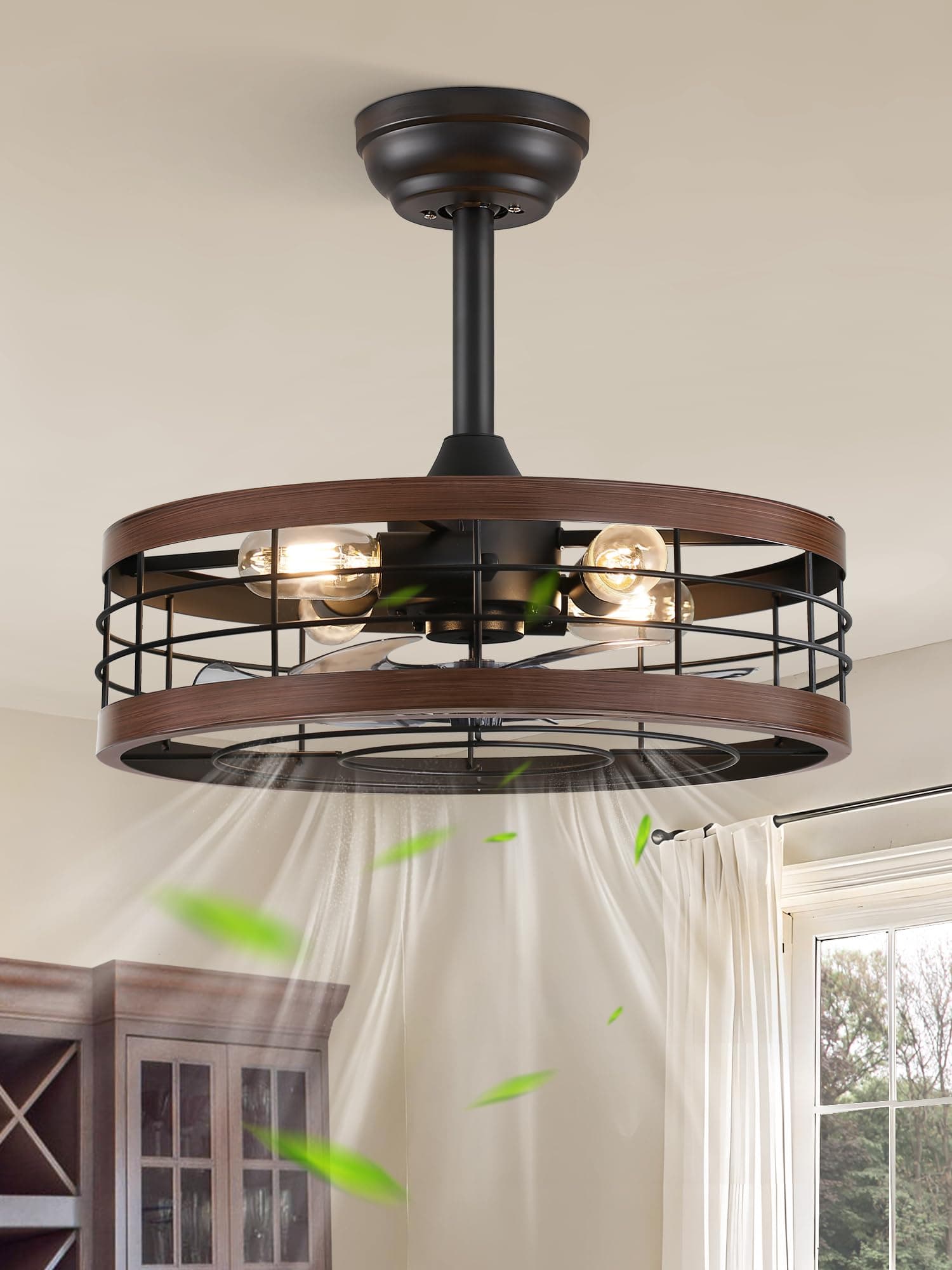LEDIARY 18 inch Black Caged Ceiling Fan with Light, Bladeless Industrial Ceiling Fan with Remote, Farmhouse Fan Lights Ceiling Fixtures for Kitchen, Bedroom, Outdoor(6 Speed, Timing)-Walnut