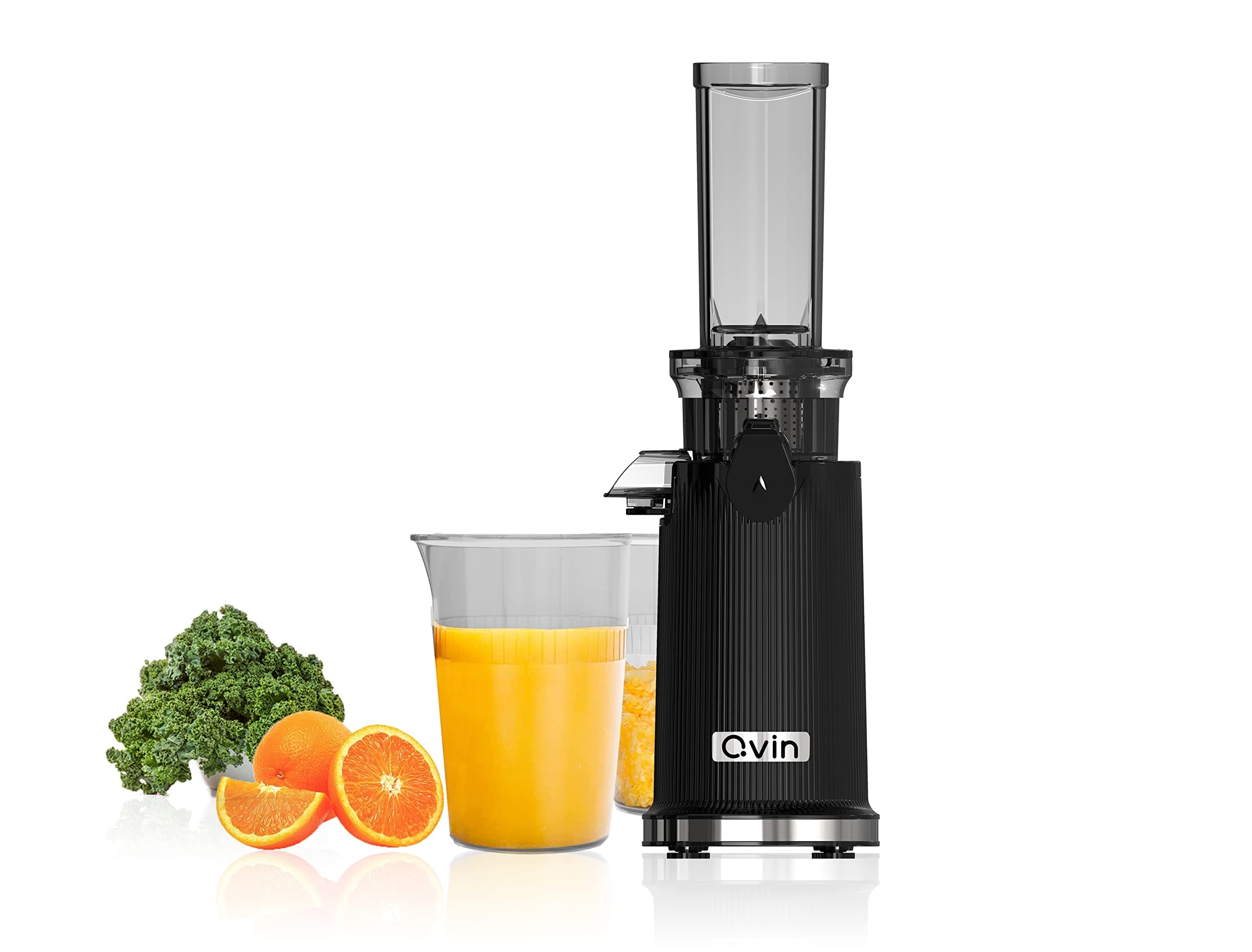 Qvin Cold Press Juicer Machine, Masticating Slow Juicer For Vegetable and Fruit, Easy to Clean, Compact Design, Mini Size, 14 Oz Juice Cup, Pulp Cup -Black with stainless steel