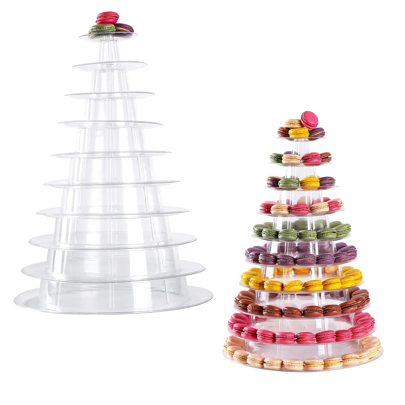 Macaron Tower Stand 10 Tier 4" - 13" Transparent Plastic Round Tower Display Stand Cupcake Cake Holder Rack Platter to Hold 230 Macarons for Wedding Birthday Party Decor