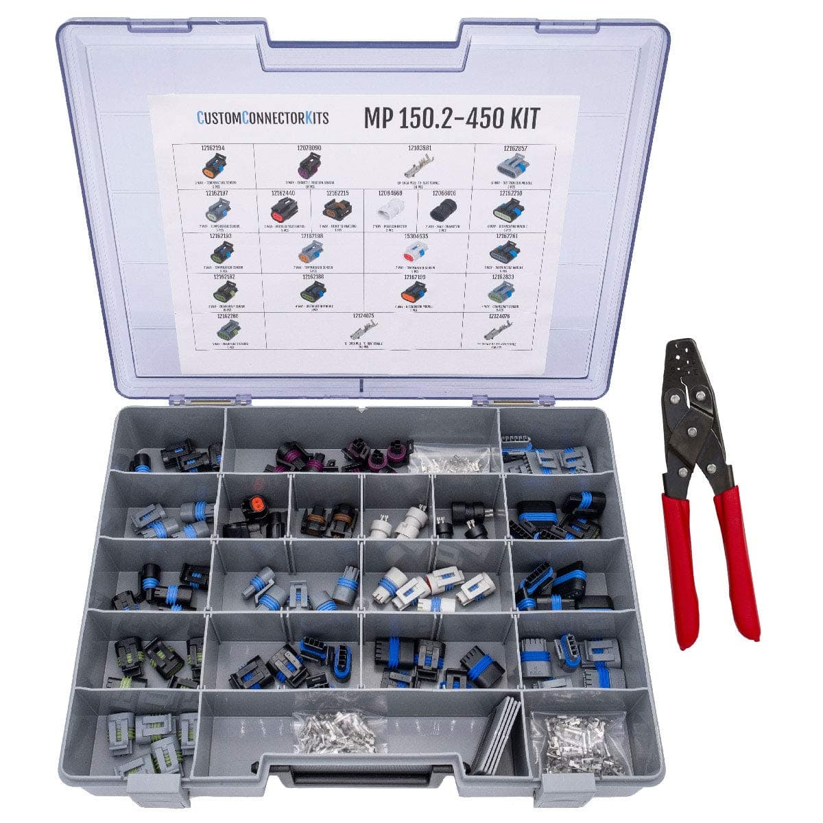 Metri-Pack 150.2 Connector Kit MP-150.2-450 with T-10: Sealed Pull to Seat Connectors for Automotive Sensors 22-16 Gauge 450 Piece Kit with Crimp Tool